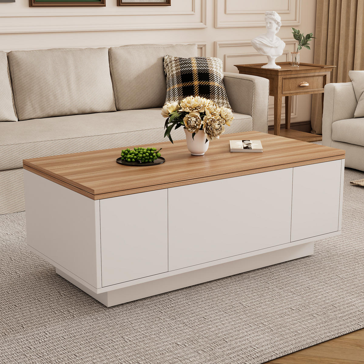 COUCHTISCH in Weiß+Naturfarben Couchtisch mit Doppel-Hebemechanismus, verstecktem Stauraum, B100/T50/H55,5 cm - Weiß, Holzwerkstoff (50/100/55.5cm) - STILVORA