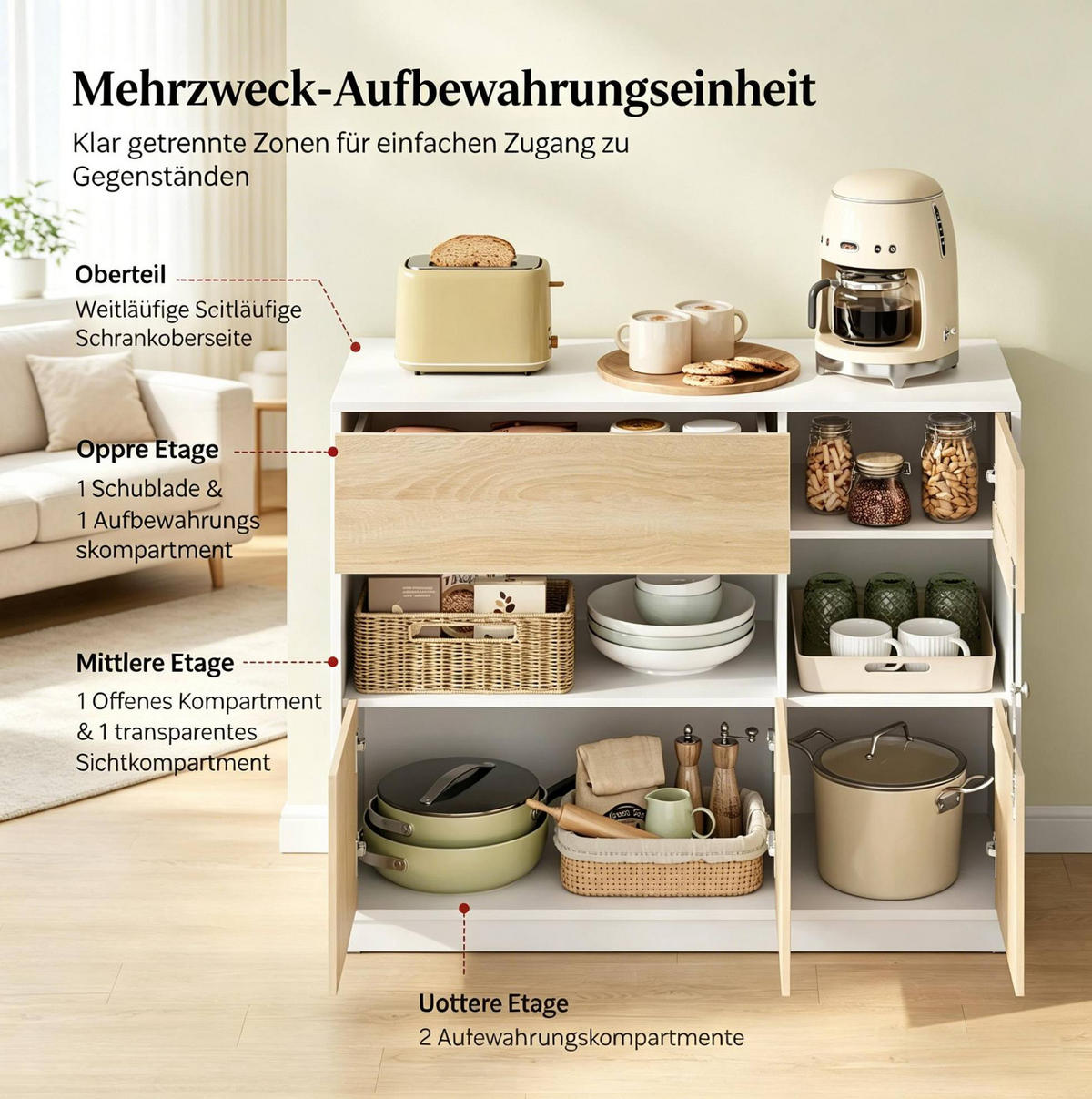 SIDEBOARD 100/40/80 cm Weiß + Eiche aus Holzwerkstoff mit offenem Fach - Weiß, Holzwerkstoff (40/80/100cm) - OKWISH