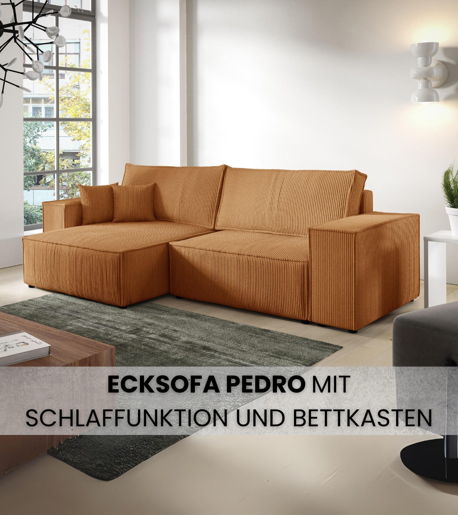 ECKSOFA Pedro mit Schlaffunktion Orange Cord - Orange, Textil (255/153cm) - Bromarkt