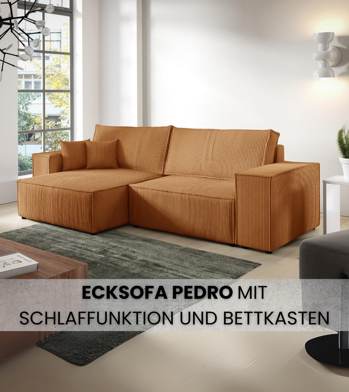 ECKSOFA Pedro mit Schlaffunktion Orange Cord - Orange, Textil (255/153cm) - Bromarkt