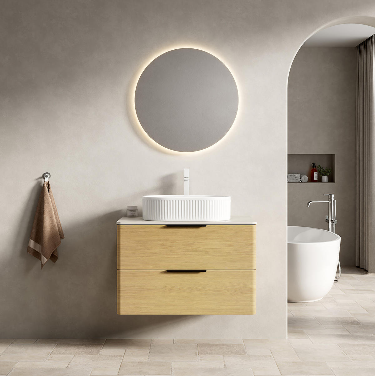 WASCHTISCHKOMBI 75 cm Beige/Oak/White aus Keramik und Sinterstein mit 2 Schubladen - Eichefarben, Keramik (75/62.2/46cm) - OKMYHOME