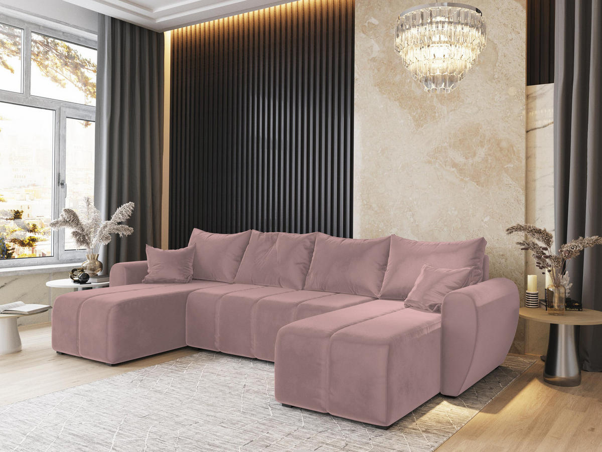 WOHNLANDSCHAFT MADISON U Rosa Plüsch-Stoff mit Schlaffunktion - Rosa, Holz (311/82/145cm) - MASSENO