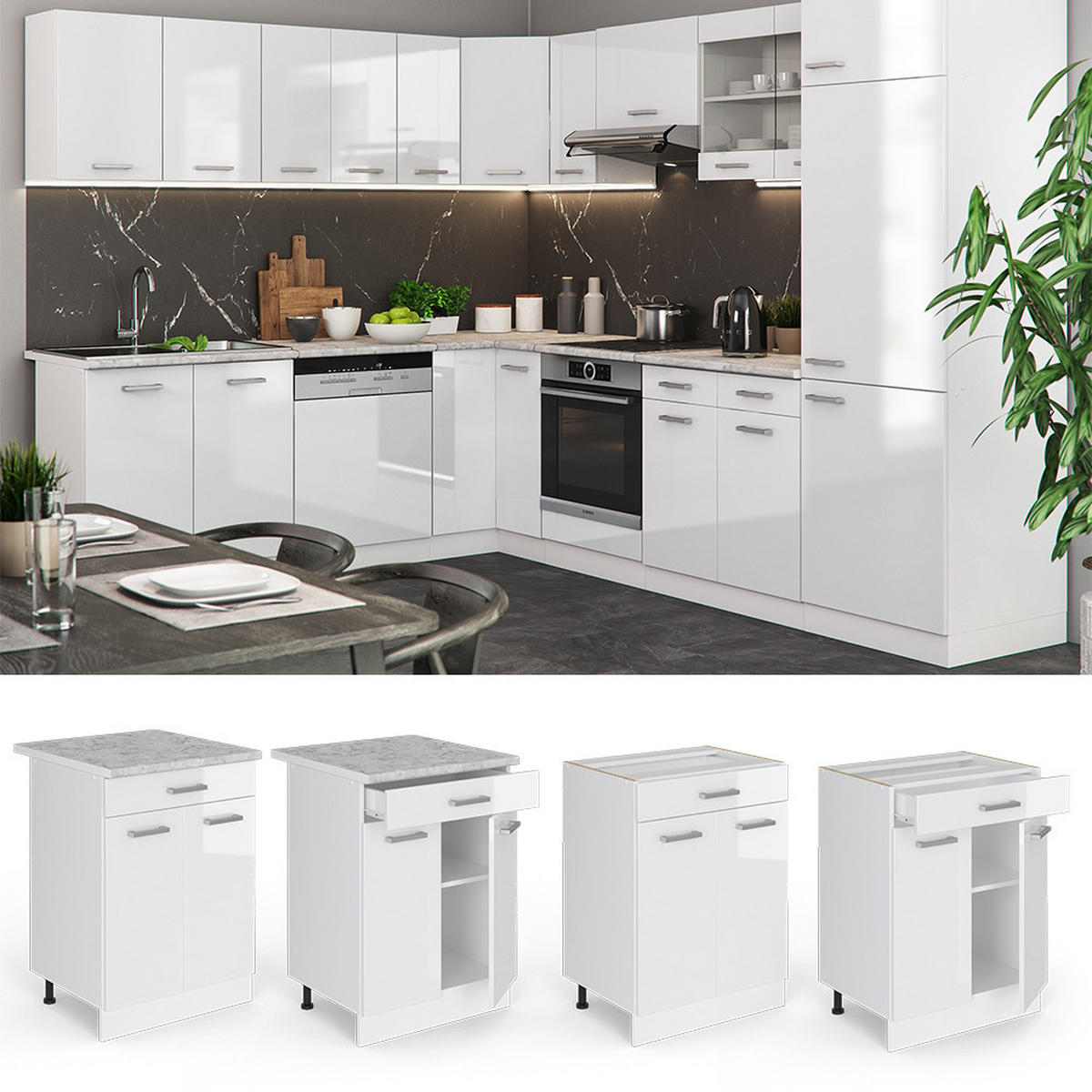 KÜCHENUNTERSCHRANK R-Line Weiß Hochglanz 60 cm mit Schublade AP Anthrazit - Weiß Hochglanz/Weiß, Holzwerkstoff (60/81.6/60cm) - Vicco