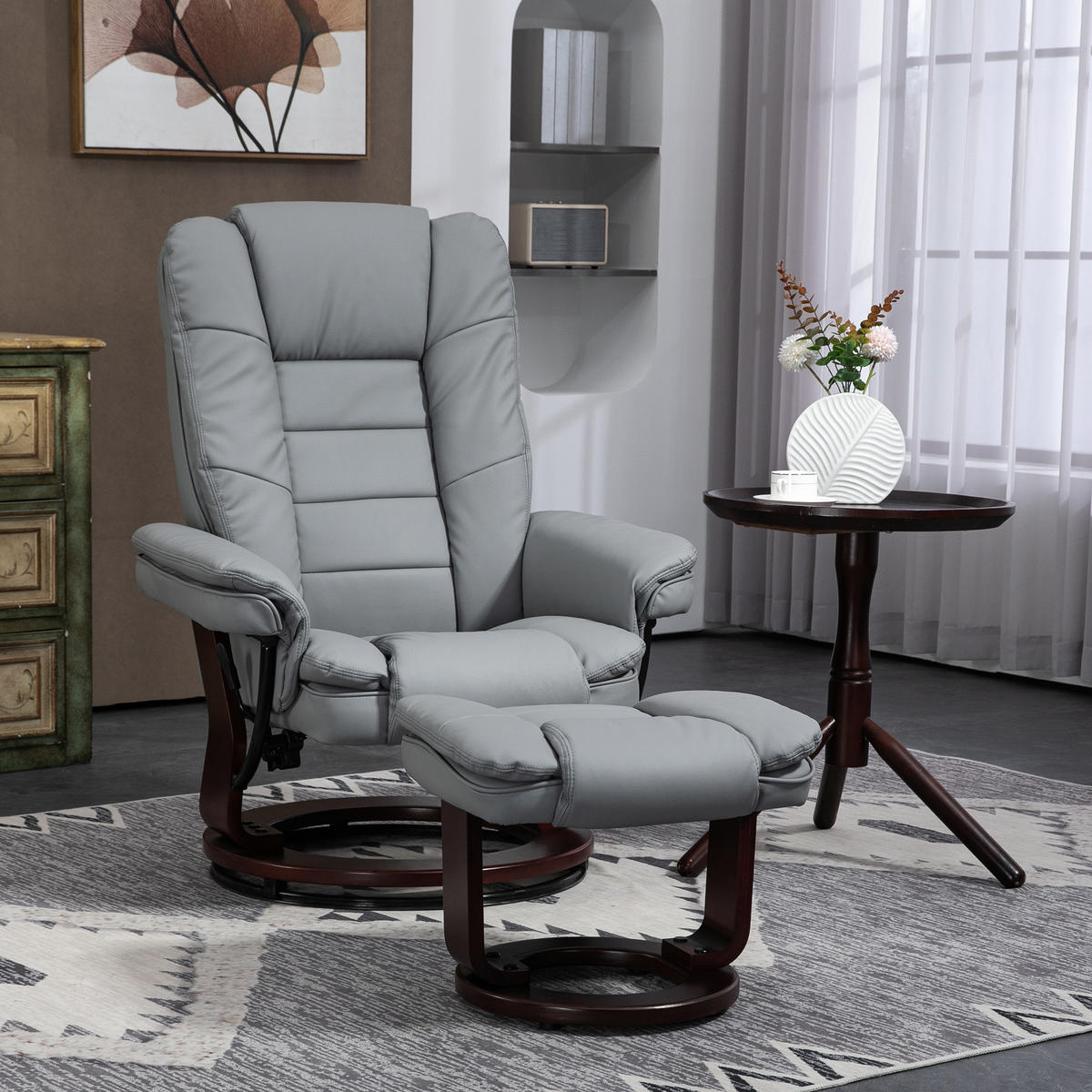 RELAXSESSEL mit Hocker 360°Drehbarer Fernsehsessel mit Liegefunktion Kunstleder - Braun/Grau, Leder/Holz (82/106/85cm) - HOMCOM
