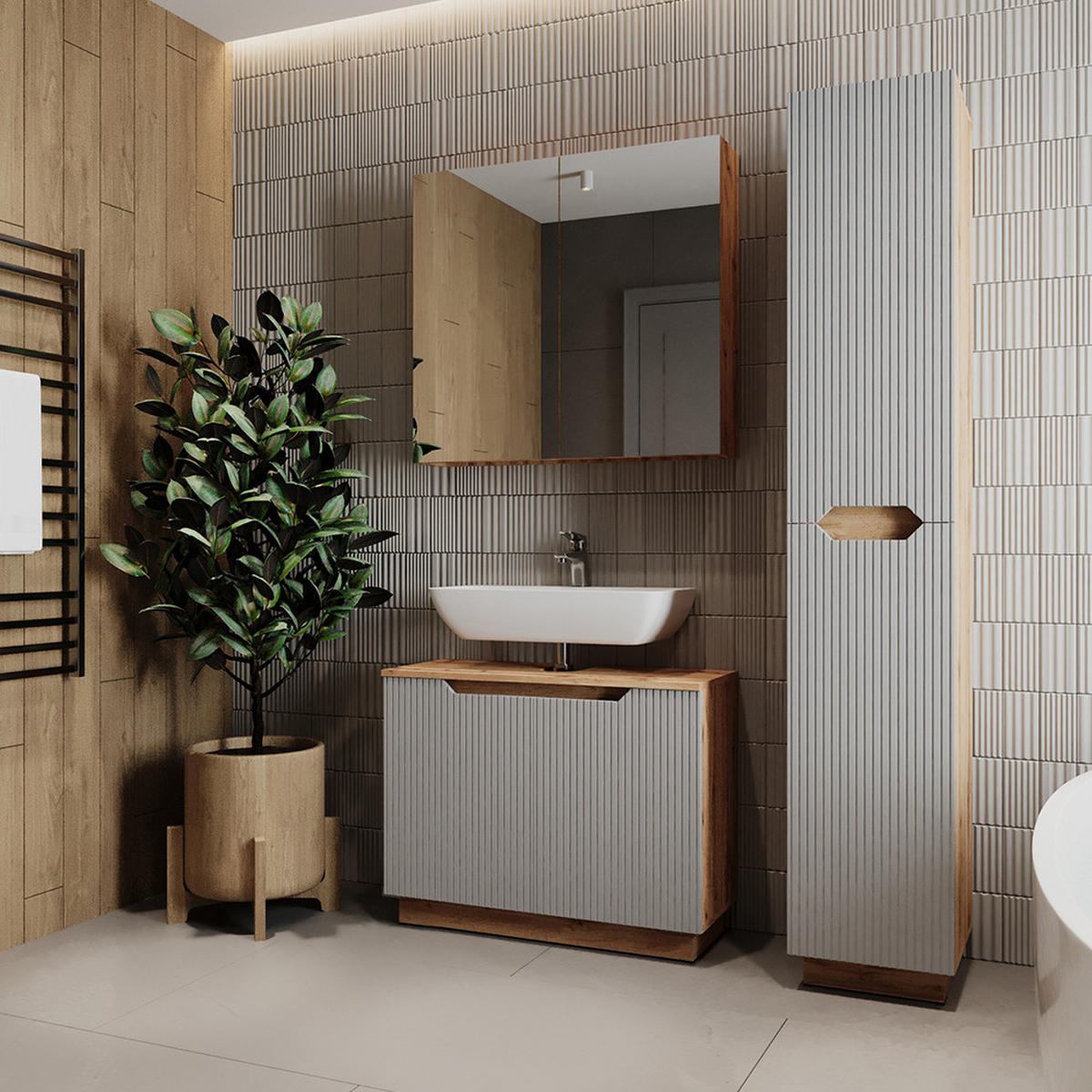 BADMÖBEL-SET Lotta Eiche/grau gestreift 3 Teile - Eichefarben/Grau, Holzwerkstoff (79.6/62.5/32cm) - Vicco