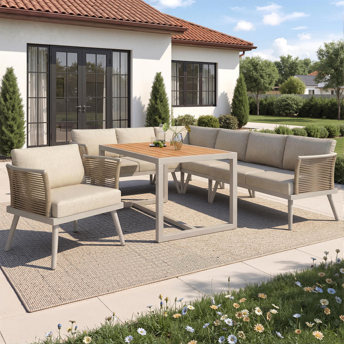 GARTENSET L-Form 7 Personen Grau/Beige Mit Holztisch - Beige, Metall - FLIEKS