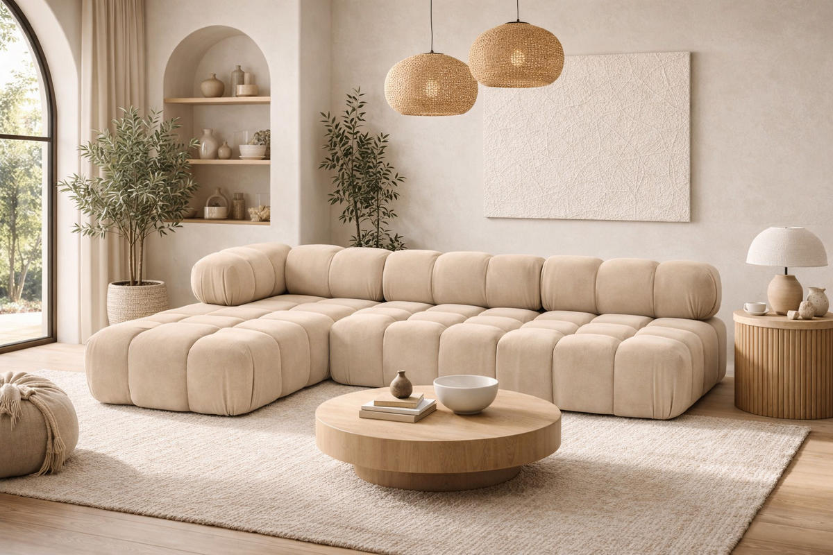ECKSOFA L-Form Modulare, Veloursstoff Salvador, Beige, Links, Selia - Beige, Holz (285/160cm) - Kaiser Möbel