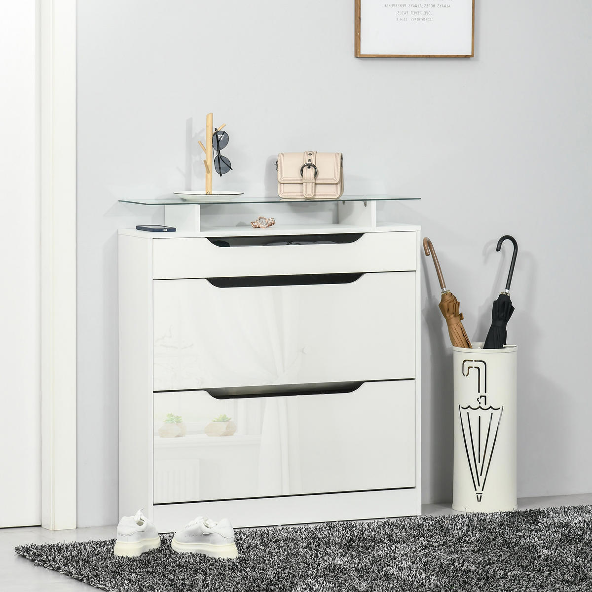 SCHUHREGAL,2 Klapptüren Schublade Holz-Glas 89x23x96cm,weiß - Weiß, Holzwerkstoff (89/96/23cm) - Vallsero