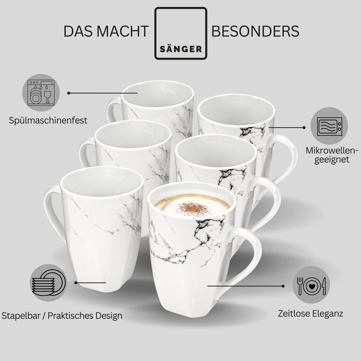 KAFFEEBECHER BILGOLA MARMOR DESIGN - 6 teilig aus Porzellan - Weiß, Keramik (0.35L) - Sänger