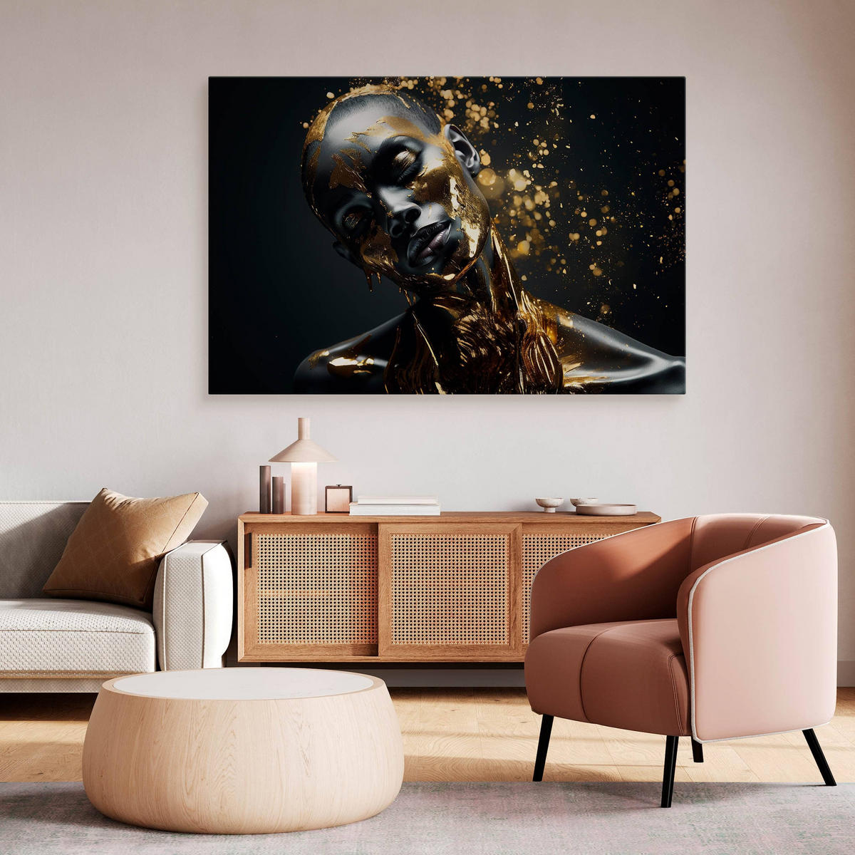 LEINWANDBILD für Wohnzimmer abstraktes Porträt Frau Glamour 100cm x 70cm - Beige/Schwarz, Textil (100/70cm) - Muralo