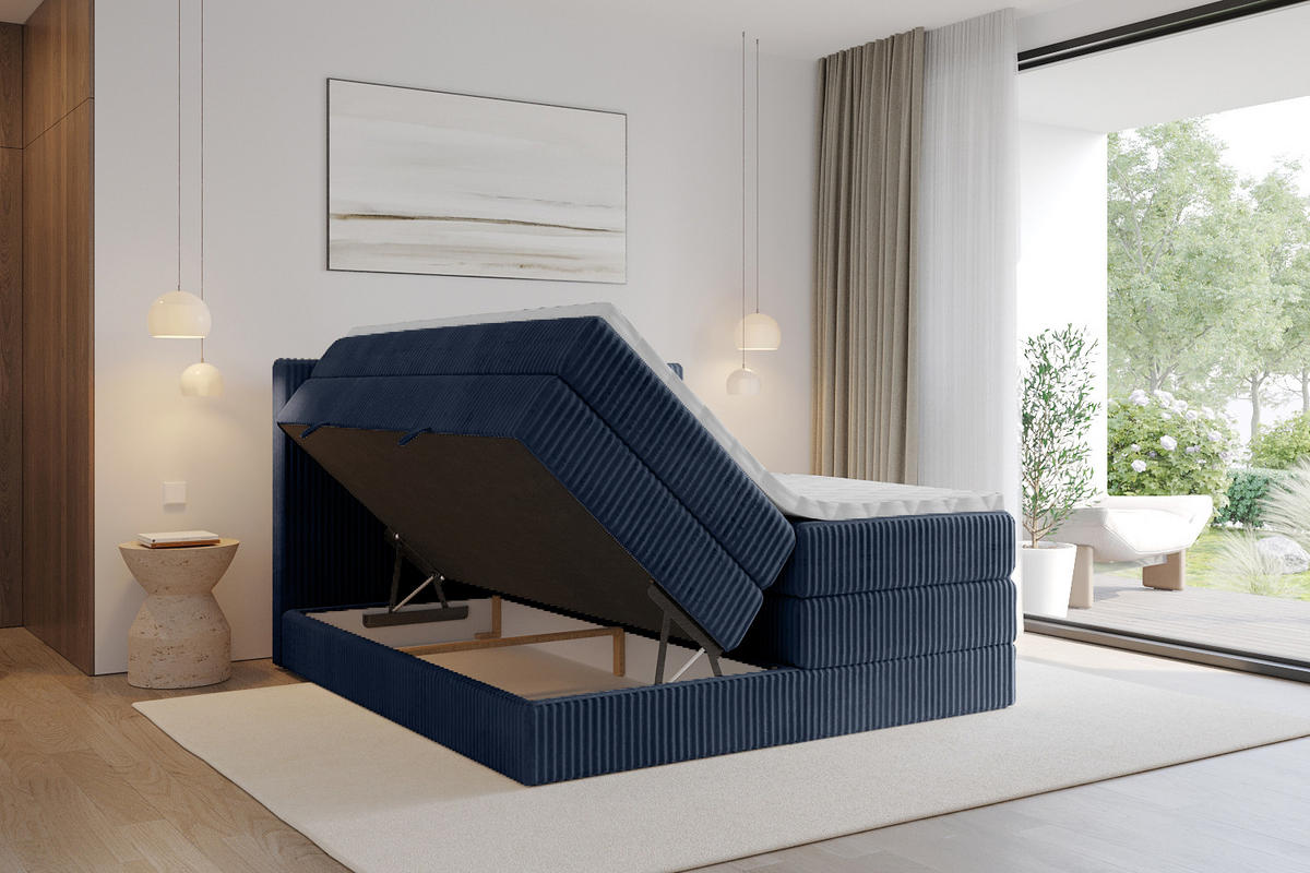 BOXSPRINGBETT mit Matratze H3|H4 und Lattenrost - TOLO KING 200x200 Cord - Dunkelblau - Dunkelblau, Holzwerkstoff (200/200cm) - ALTDECOR