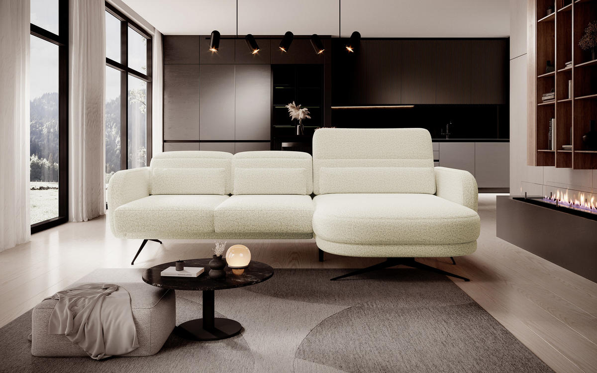 ECKSOFA Barillo – Verstellbare Rückenlehne, Stahlfüße, Elegante Armlehnen, Drei Rückenkissen, Freistehend, 261x170x97 cm – Rechte, Beige - Beige, Holz/Textil (261/170cm) - DomoHome