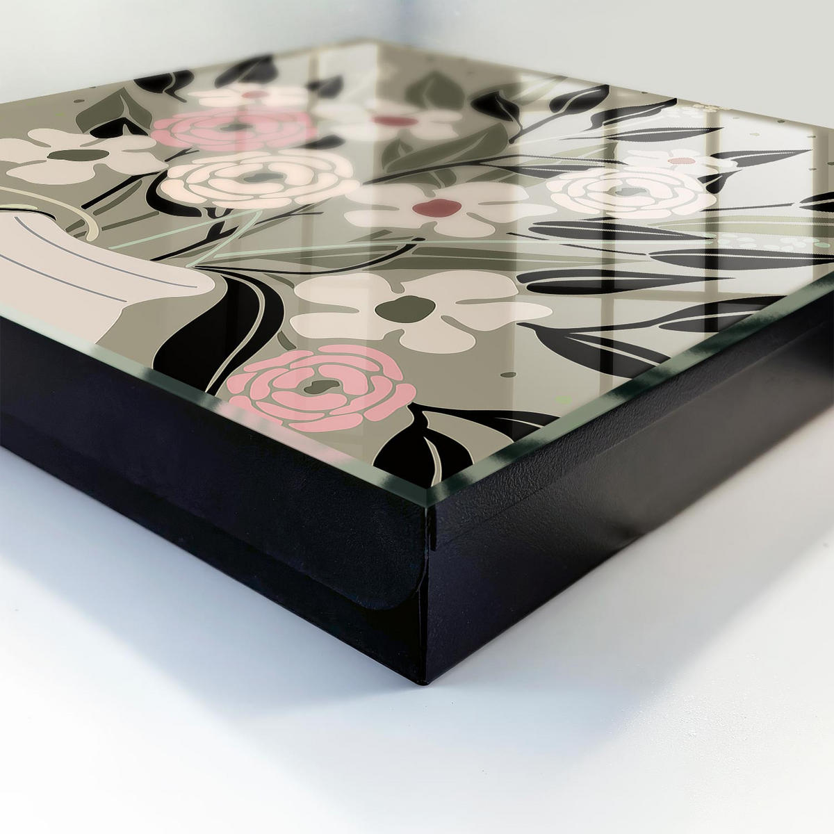 SCHLÜSSELBOX Schwarz 30x30 cm- Türöffnung nach rechts - Blumenarrangement - Beige, Metall (30/30/5cm) - TULUP