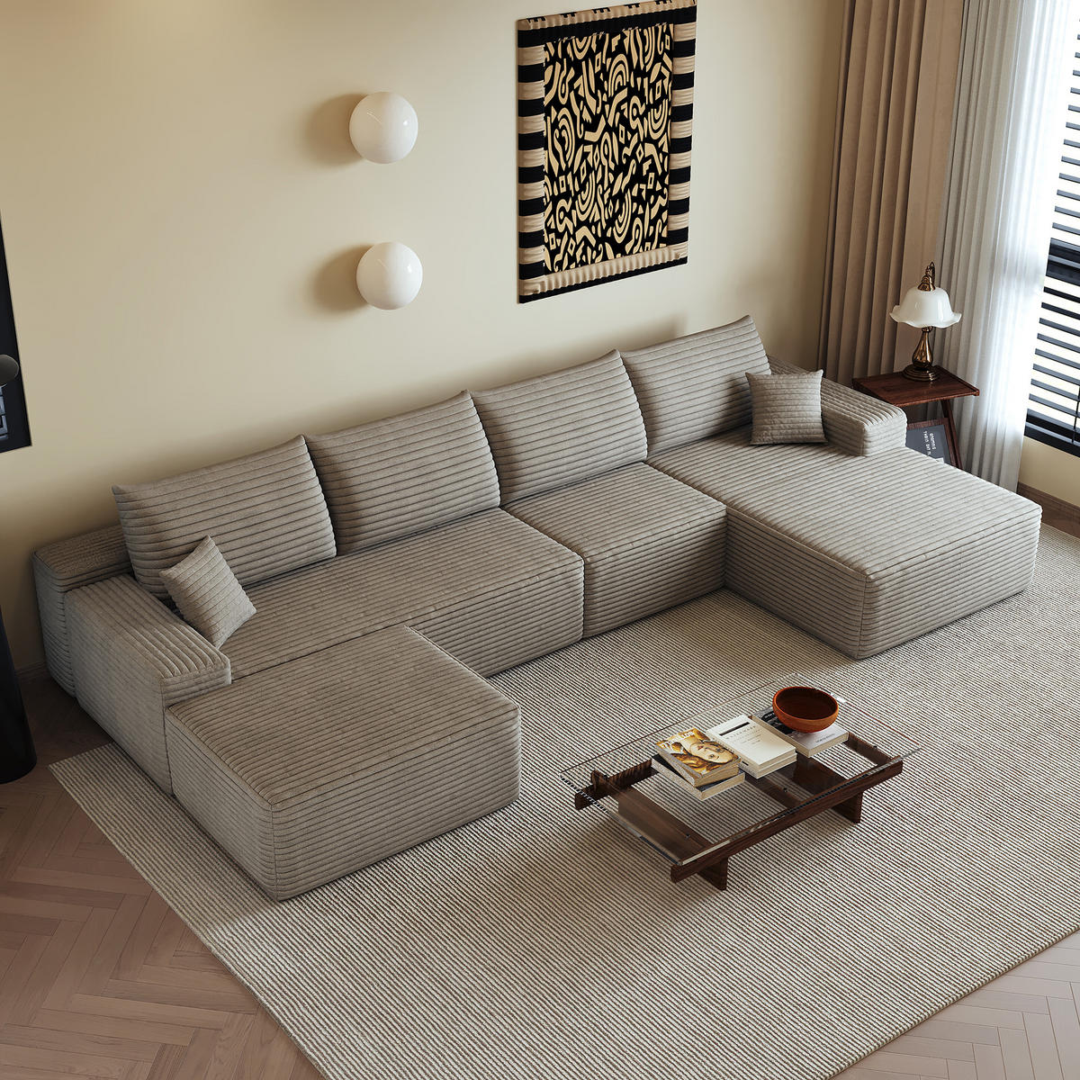 WOHNLANDSCHAFT DE-34857 U-Form 3-Sitzer Chaiselongue rechts Camel - Sandfarben, Textil (175/83/270cm) - ComfortXL