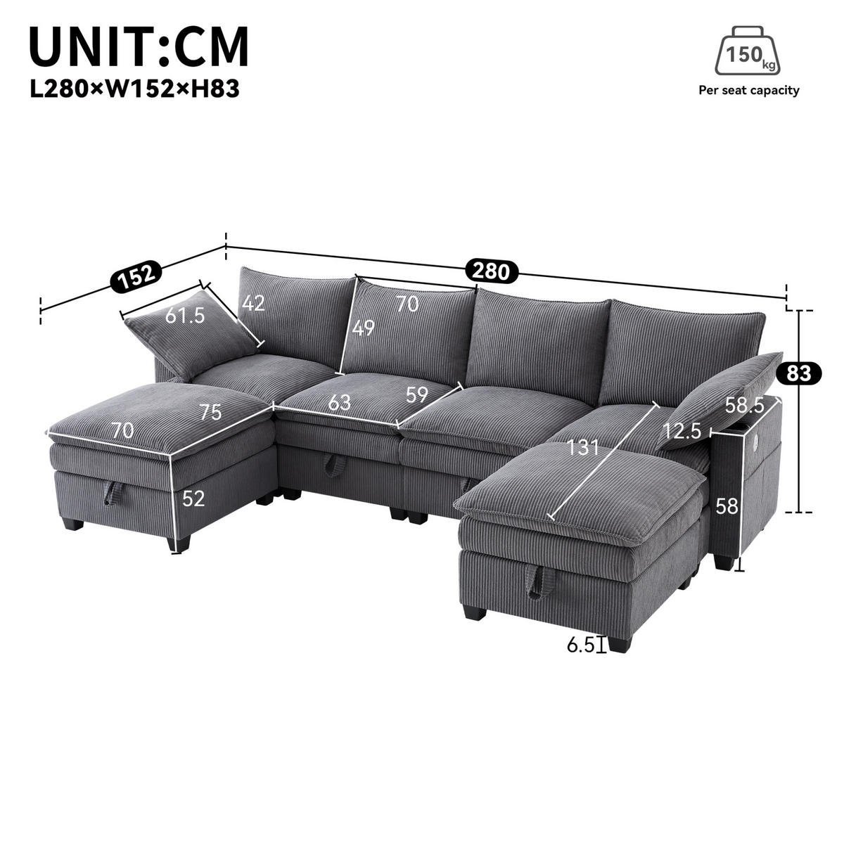 MODULÁRNÍ rohová pohovka 280/151/82 cm s USB, úložným prostorem a 2 taburety, manšestr, Šedá - šedá, textil/plast (82/280/151cm) - Redom