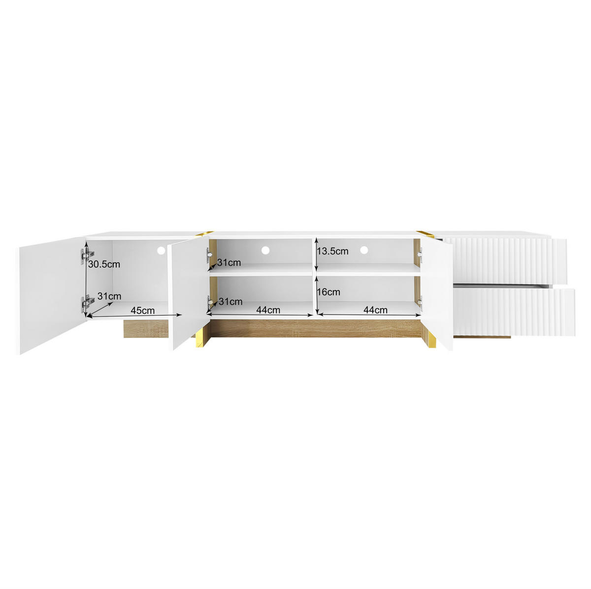 LOWBOARD 190/35/45 cm aus MDF und Spanplatte mit Dämpfungsscharnieren Weiß/Gold - Weiß, Holzwerkstoff (190/45/35cm) - Modenvie