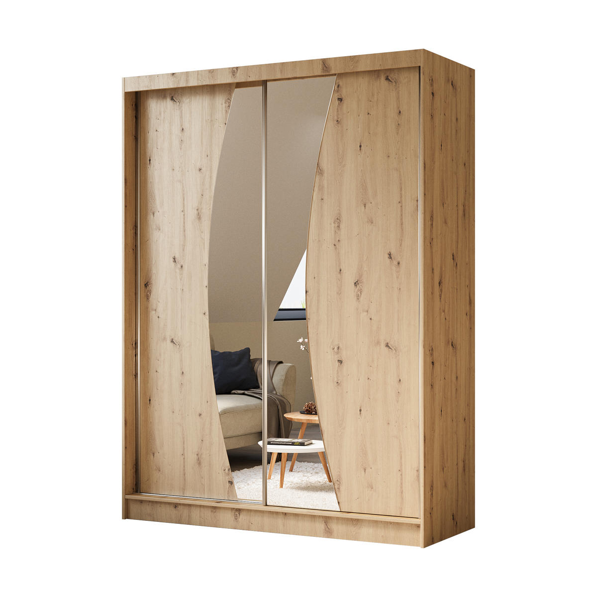 KLEIDERSCHRANK mit Spiegel-Schiebetüren und Aluminium-Leisten - VOXI - 160 cm Eiche Artisan - Eiche Artisan, Holzwerkstoff (160/216/61cm) - ALTDECOR