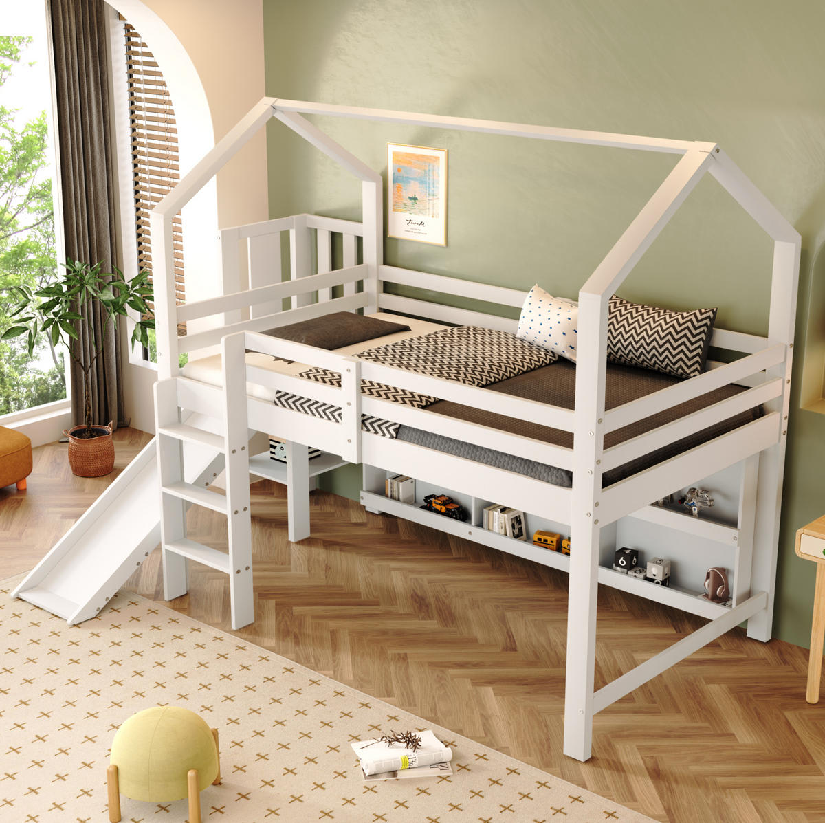 HAUSBETT 90/200 cm Weiß aus Massivholz und MDF mit Rutsche und Stauraum - Weiß, Holz (90/200cm) - OKMYHOME