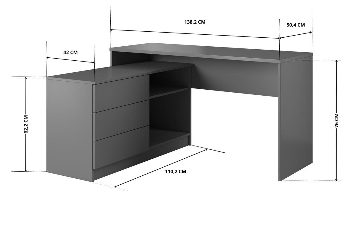SCHREIBTISCH KAJA 138 cm Graphit - mit Seitenmodul, 3 Schubladen und 2 Fächern - Graphitfarben, Holz/Holzwerkstoff (110/138/76cm) - Ravio