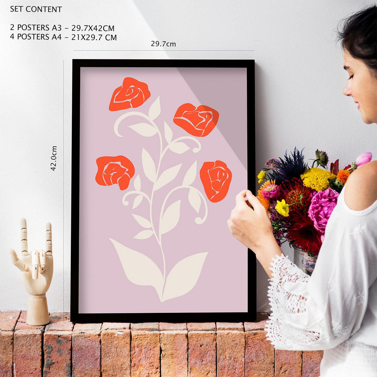 POSTER Set Mit 6 prächtige abstrakte Blumen von Blom Größe A3 & A4 Schwarzer Rahmen - Schwarz, Papier (29.7/1cm) - Nacnic