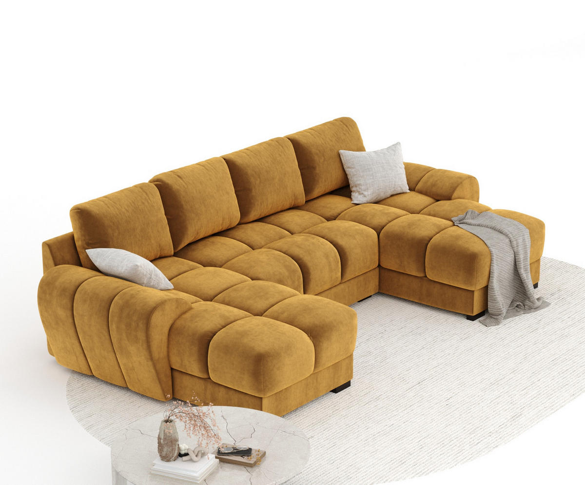 WOHNLANDSCHAFT Peebles Honigfarbe Samtstoff - Schwarz/Honig, Holz/Holzwerkstoff (330/90/175cm) - Maison de Reve
