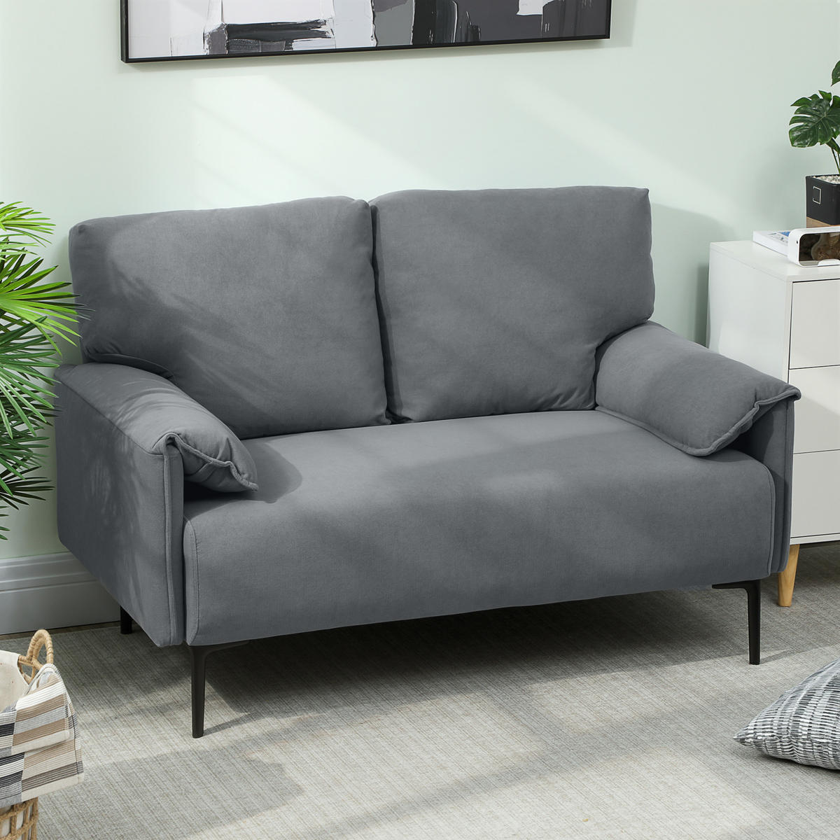SOFA 2-Sitzer 127 cm Kleine Gepolstert Couch mit Armlehne, Samtoptik, Grau - Schwarz/Grau, Textil/Metall (72/84/127cm) - HOMCOM