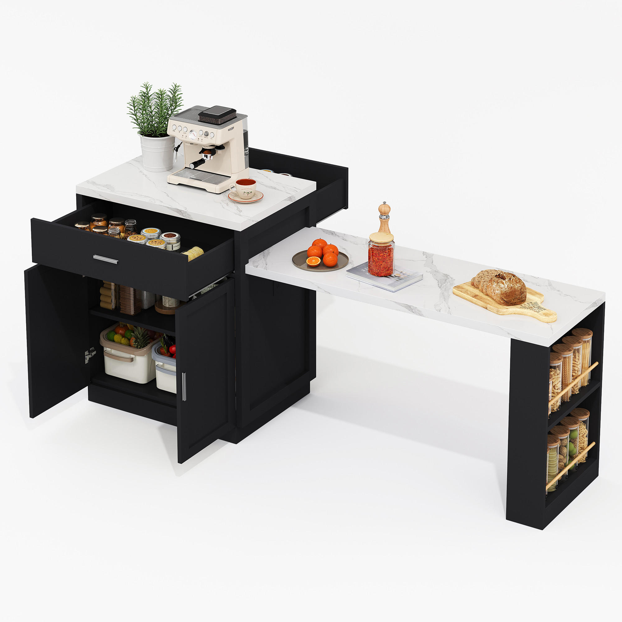 KÜCHENINSEL ausziehbar mit Esstisch, Steckdose und 2 Schubladen - Schwarz, Holzwerkstoff (211/89.5/55cm)