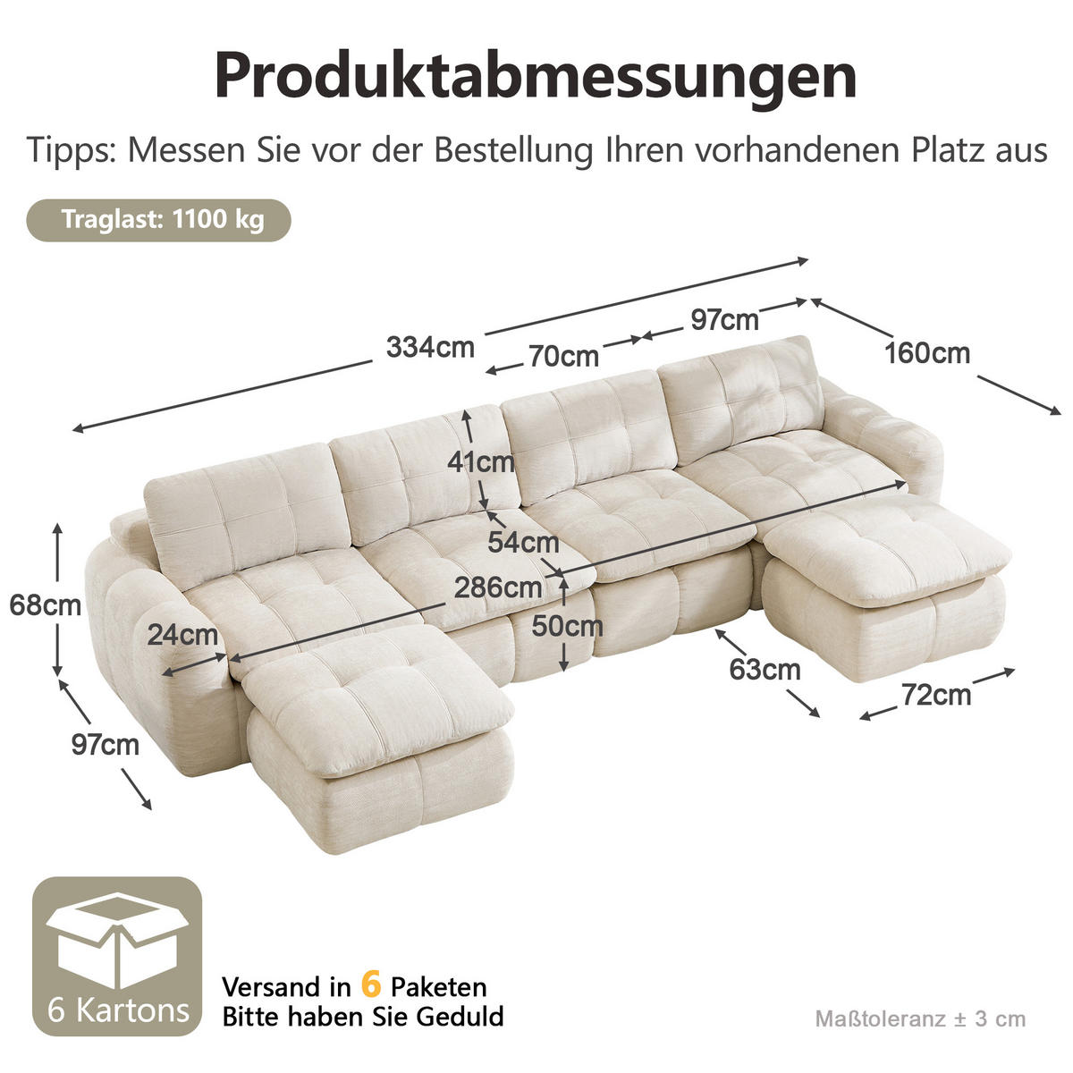 WOHNLANDSCHAFT DE-34464 U-Form mit 2 Ottomanen und Karostepp Beige - Beige, Textil (160/68.5/334cm) - ComfortXL