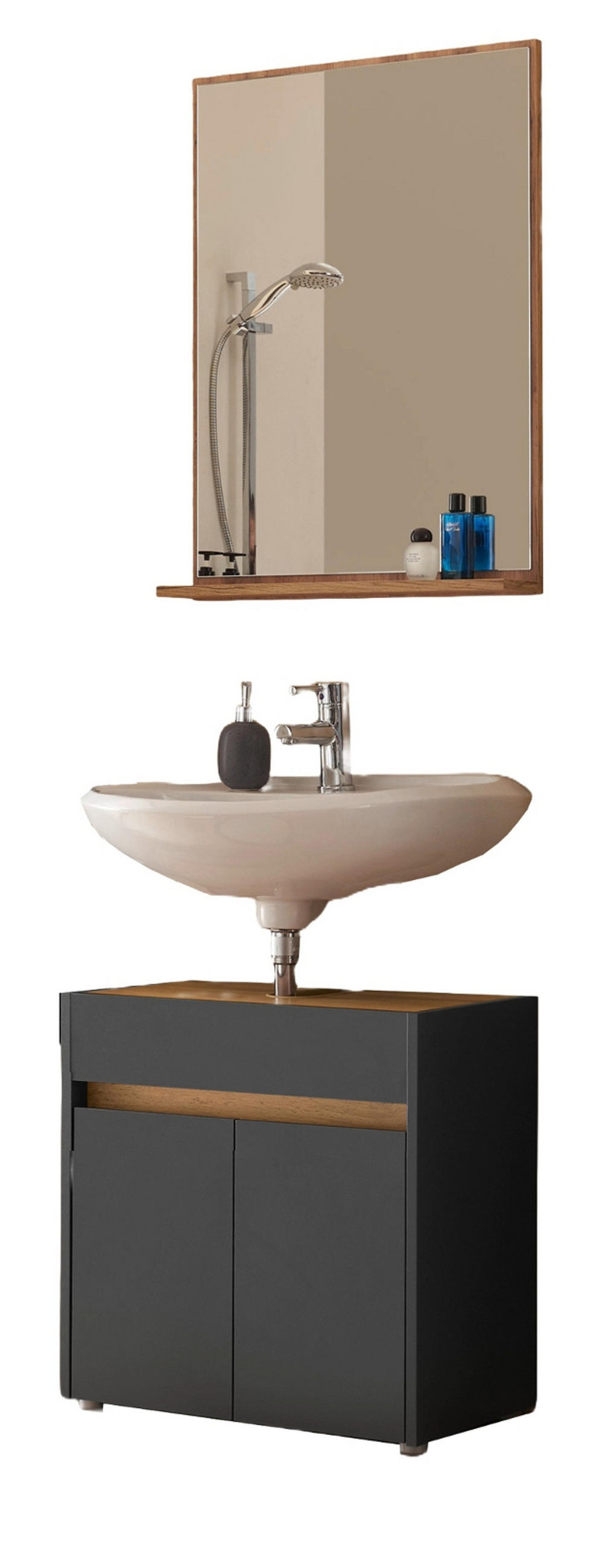 BADMÖBEL-SET 2-teilig grau matt, Wotan Eiche, Badkombination 60 cm - Eiche Wotan/Schwarz, Glas/Holzwerkstoff (61/200/34cm) - Furn.Design