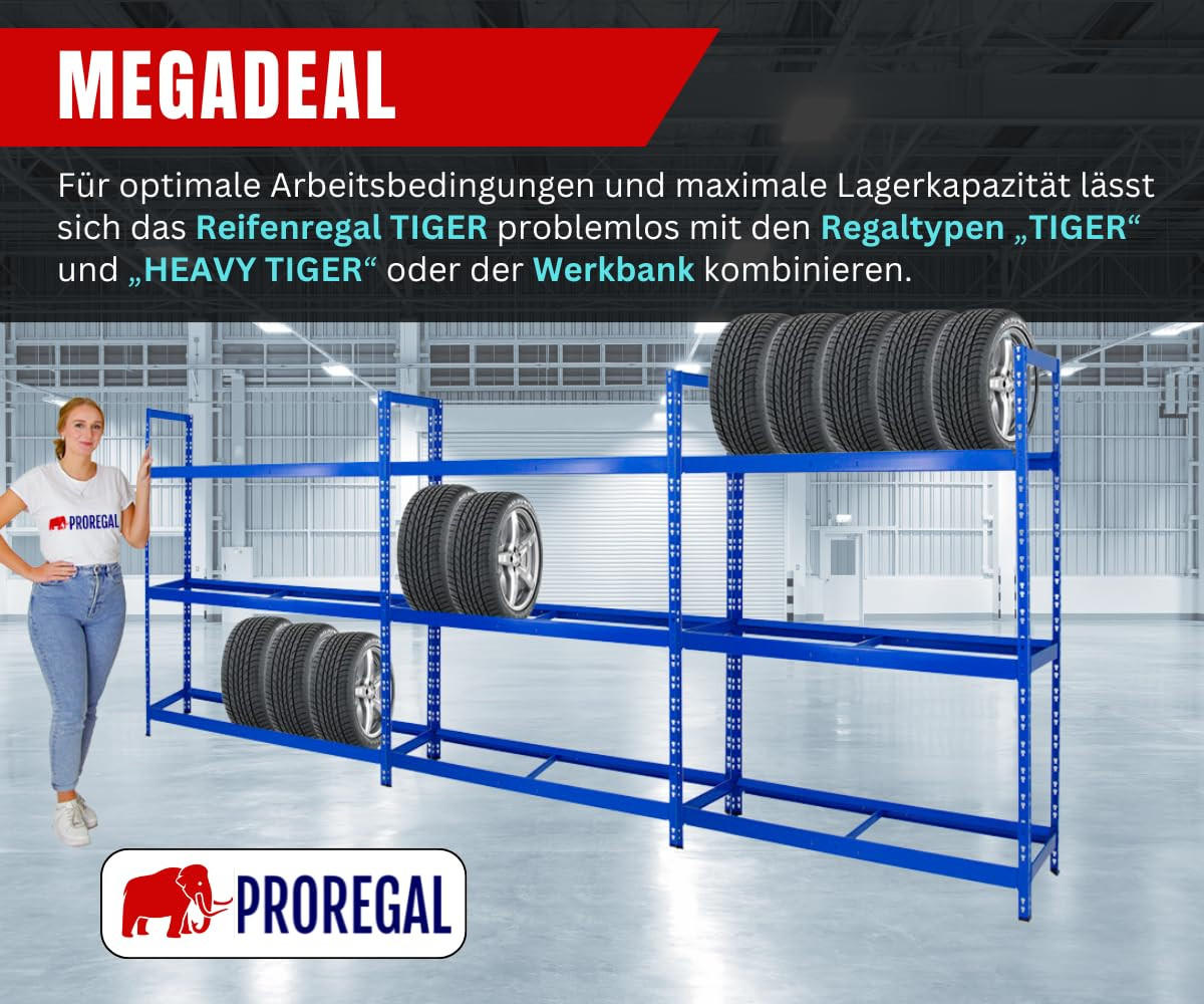 REIFENREGAL Tiger XL 200x150x45 cm 300 kg Fachlast bis zu 18 Reifen auf 3 Ebenen Blau - Blau, Metall (150/200/45cm) - PROREGAL