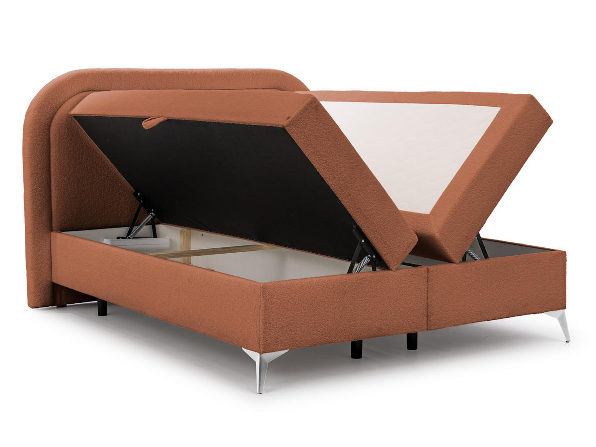 BOXBETT Sonna 160/200 cm Terrakotta Bouclé-Stoff mit abgerundetem Kopfteil und mit silbernen Metallfüßen - Silberfarben/Terra cotta, Holz/Textil (160/200cm) - S-Style Möbel
