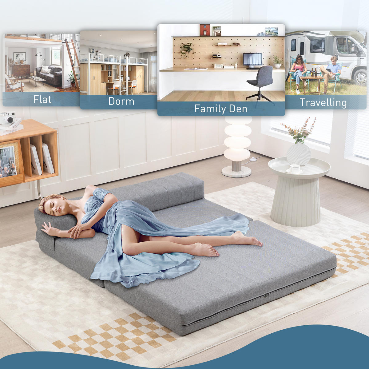 BODENSOFA 2-in-1 Klappbar Schlafsofa mit Leinenoptik für Wohnzimmer Grau - Grau, Textil (80/50/138cm) - HOMCOM