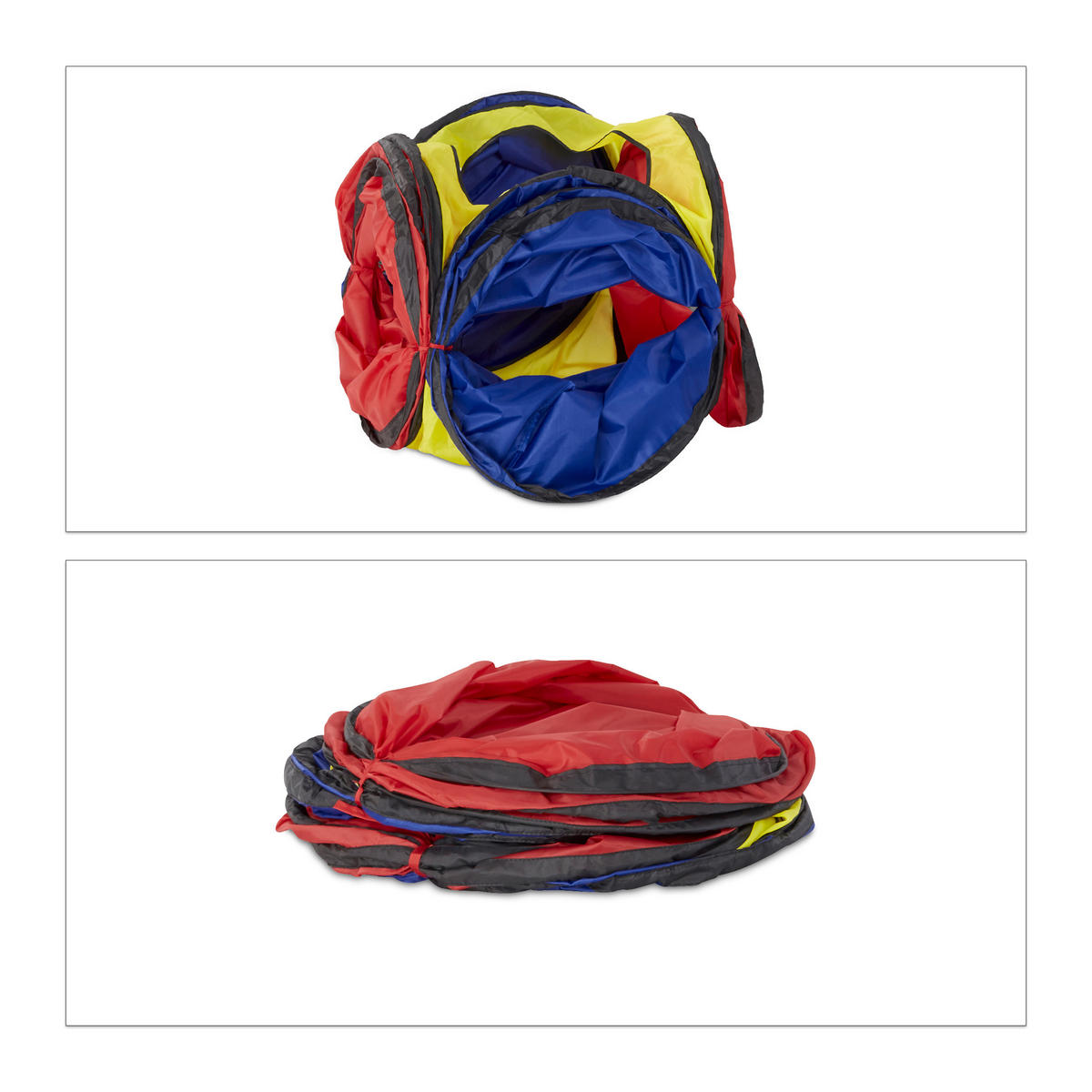 SPIELTUNNEL Rot Blau Gelb 4-Röhren Pop Up - Multicolor, Textil/Metall (250/45/250cm) - Relaxdays