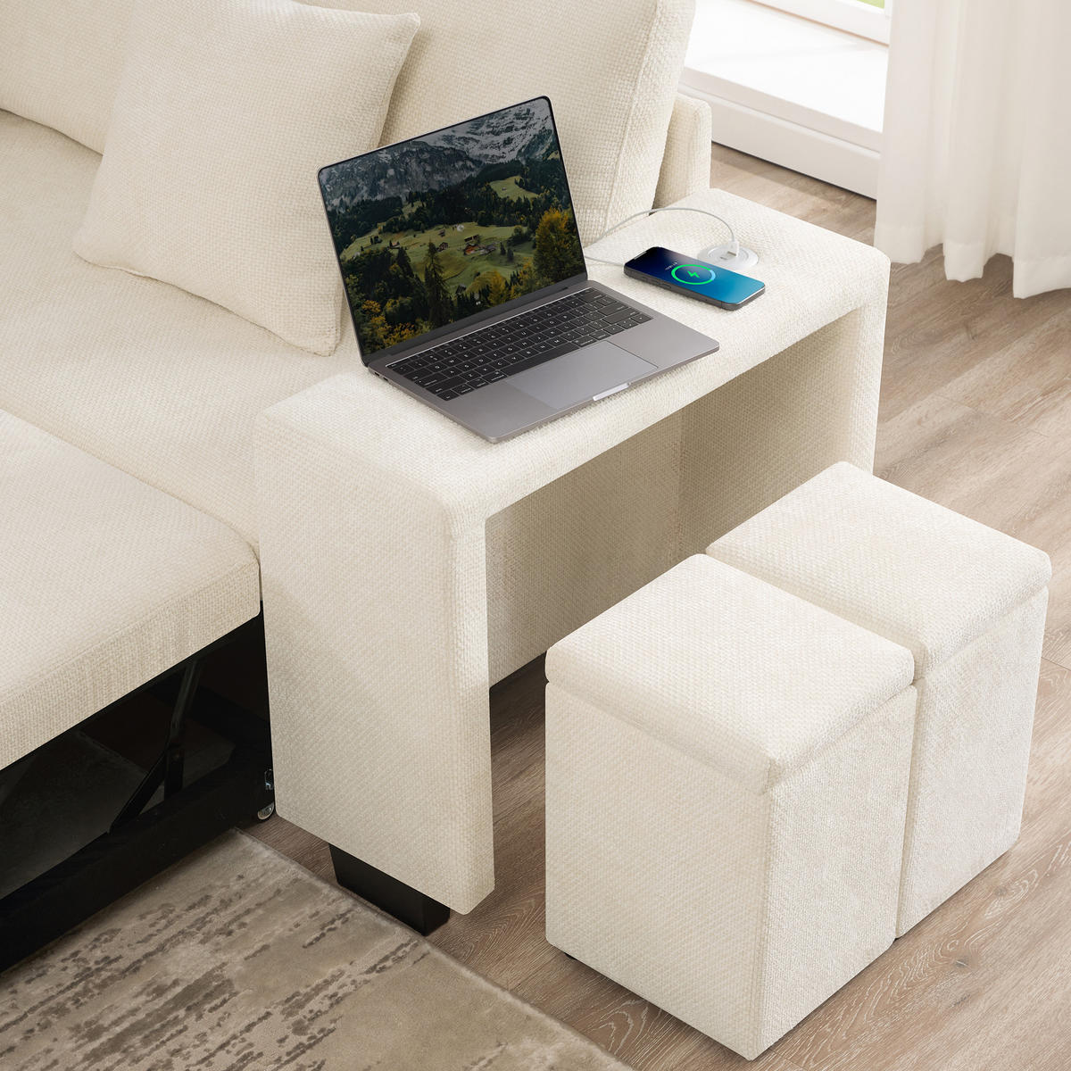 SCHLAFSOFA Beige L-Form USB Stauraum Getränkehalter Kissen - Beige, Textil (205/220cm) - FLIEKS