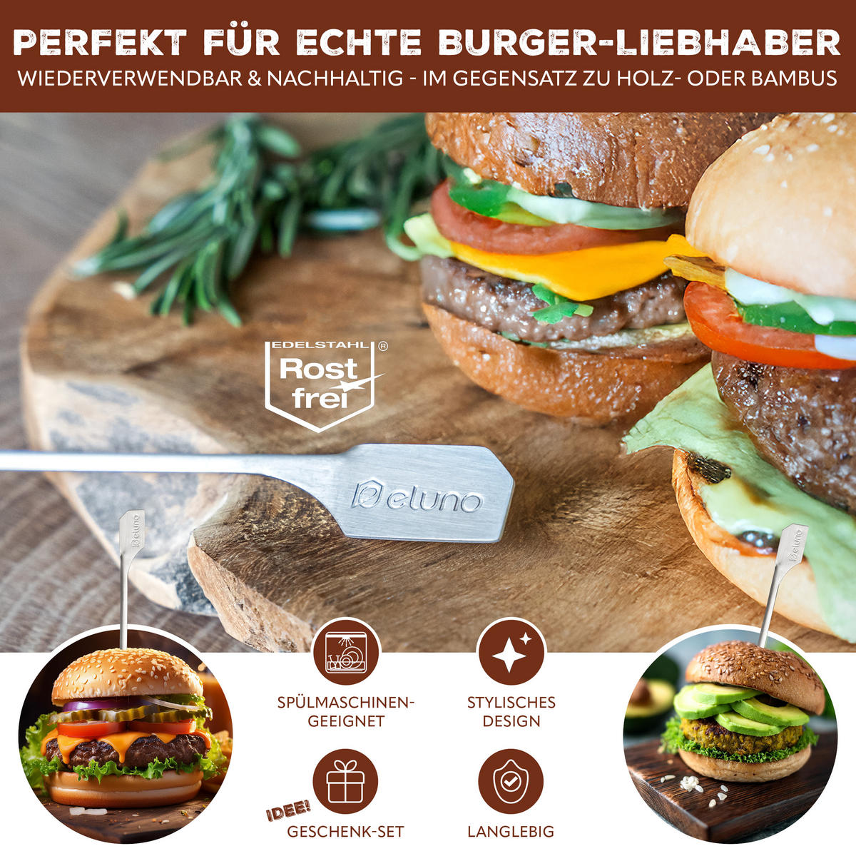 BURGERSPIESSE 4tlg. - Edelstahlfarben, Metall (0.6/0.3/19cm) - eluno