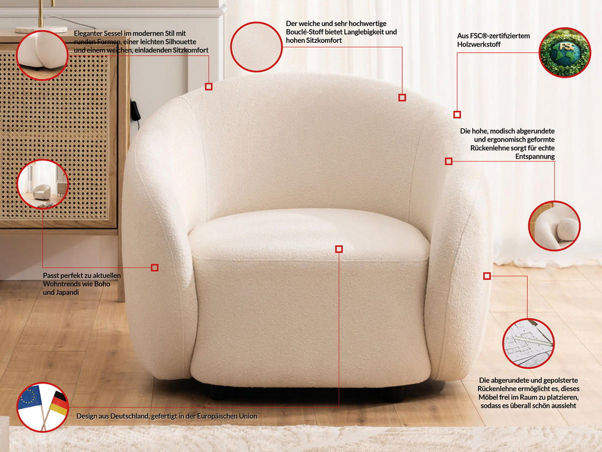 SESSEL Roundi Cremeweiß Bouclé - Creme/Schwarz, Holz/Kunststoff (90/76/80cm) - S-Style Möbel
