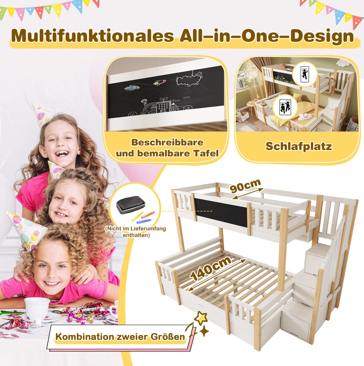 ETAGENBETT 90/140x200 cm mit Kreidetafel, Stauraum und Leiter - Weiß, Holzwerkstoff (90/200cm) - OKMYHOME