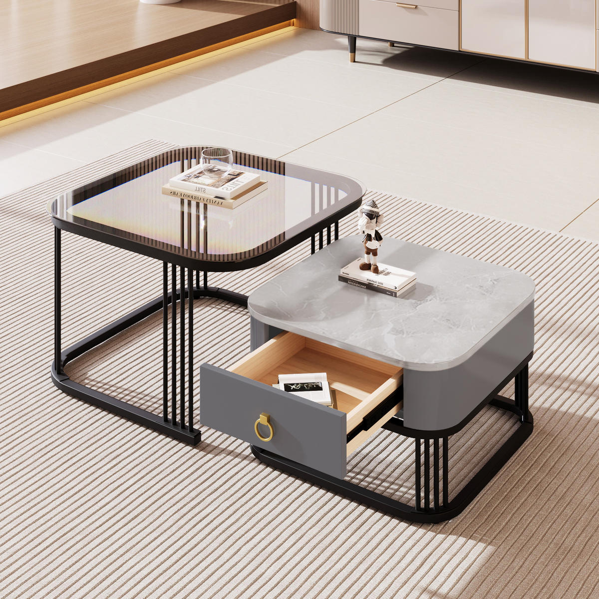 COUCHTISCH-SET Grau mit Glasplatte und Schublade - Grau, Metall (60/60/42cm)