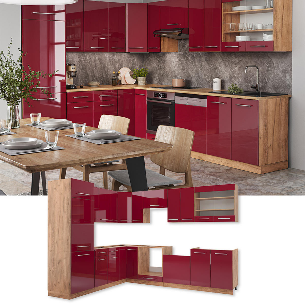 ECKKÜCHE Fame-Line Bordeaux Hochglanz/Goldkraft Eiche 227 x 287 cm AP Marmor - Bordeaux/Eiche Wotan, Holzwerkstoff (227/81.6/60cm) - Vicco