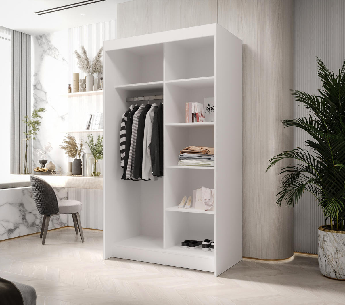 SCHIEBETÜRENSCHRANK BORA, 2-türig Kleiderschrank, Moderne Garderobe, Schrank in Größe: 100 x 216 x 60 cm - Weiß, Holzwerkstoff (100/216/60cm) - O-Sofa