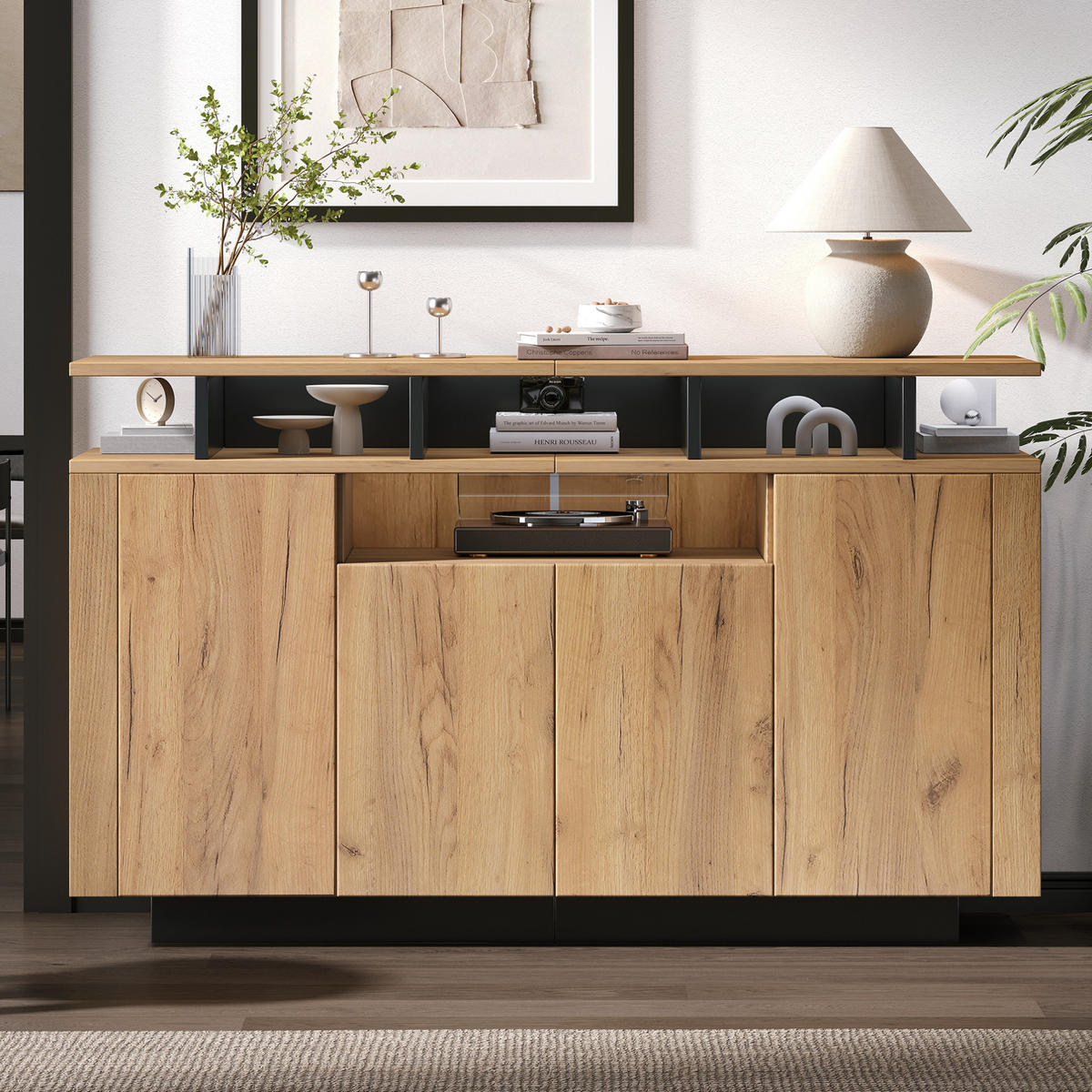 SIDEBOARD in Natur und Schwarz 140x40x85 cm mit 4 Türen und 3 offenen Fächern - Naturfarben, Holzwerkstoff (40/85/140cm) - IVMEU