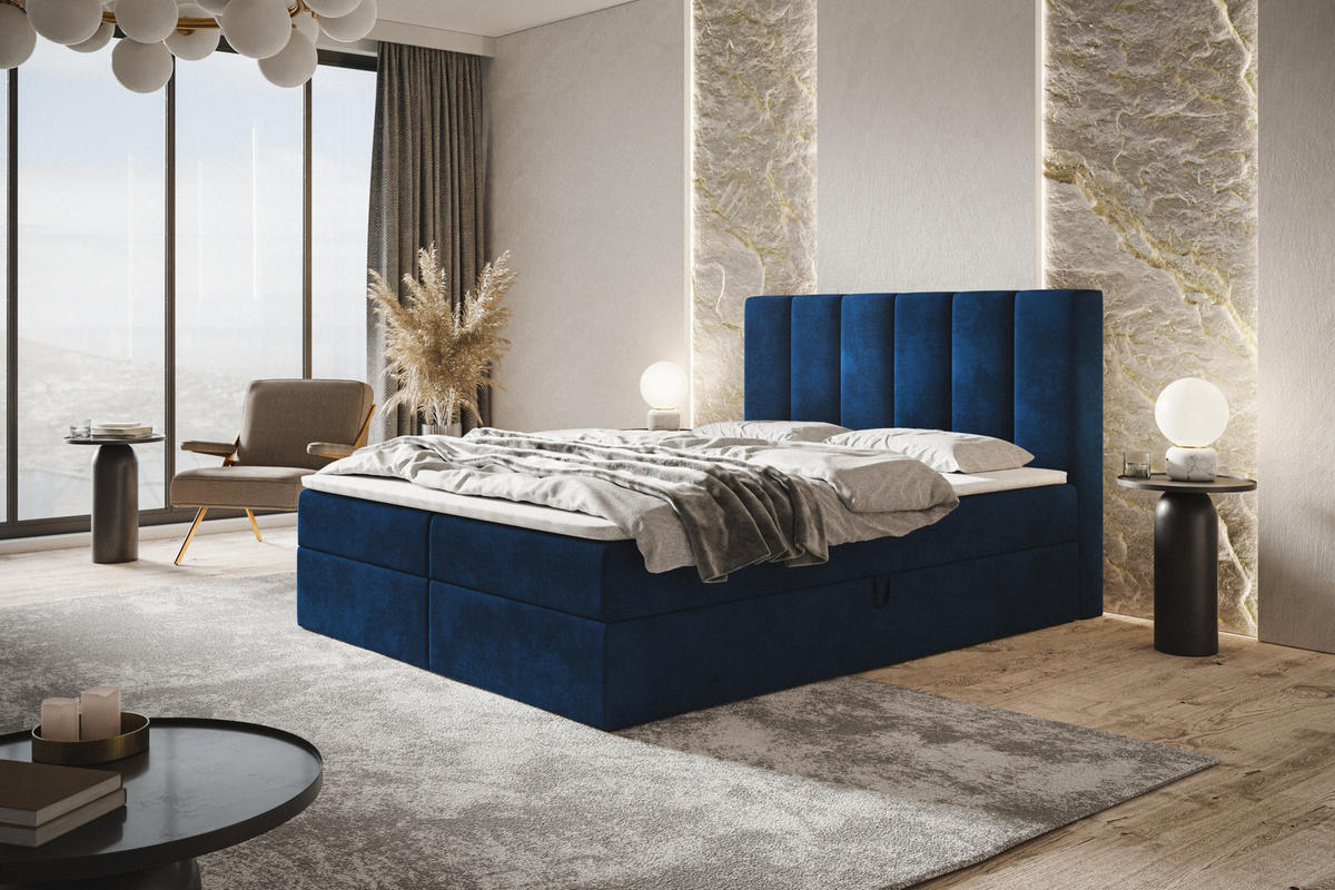 BOXBETT TOKIO mit 2 Bettkästen, 140x200, Farbe: Dunkelblau, Velourstoff, Doppelbett mit Bonell-Matratze - Dunkelblau, Holz/Kunststoff (140/200cm) - Alpi-Möbel