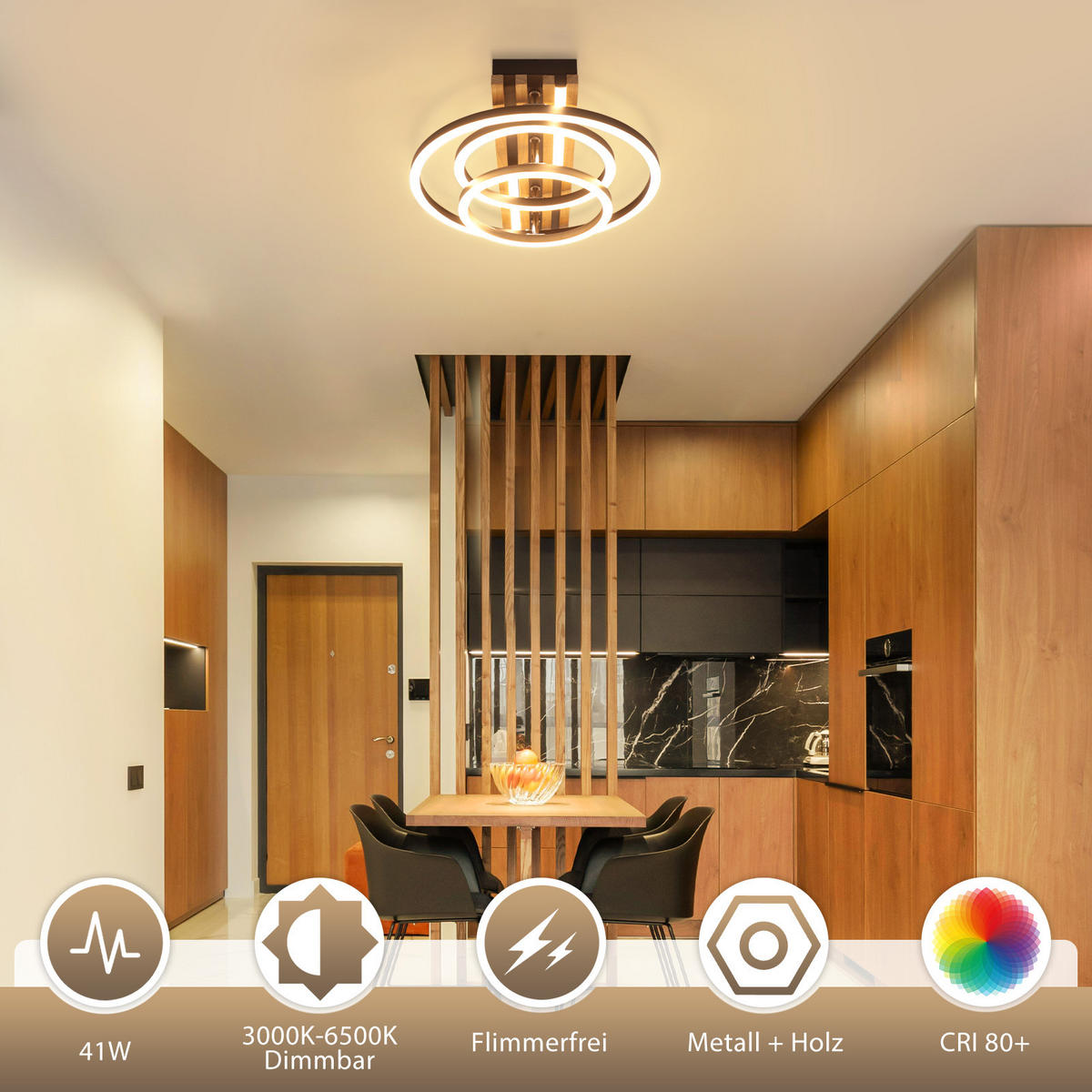 LED DECKENLEUCHTE Iklenli 38/32/8.8 cm - Schwarz, Holz/Metall (38/32/8.8cm) - ZMH
