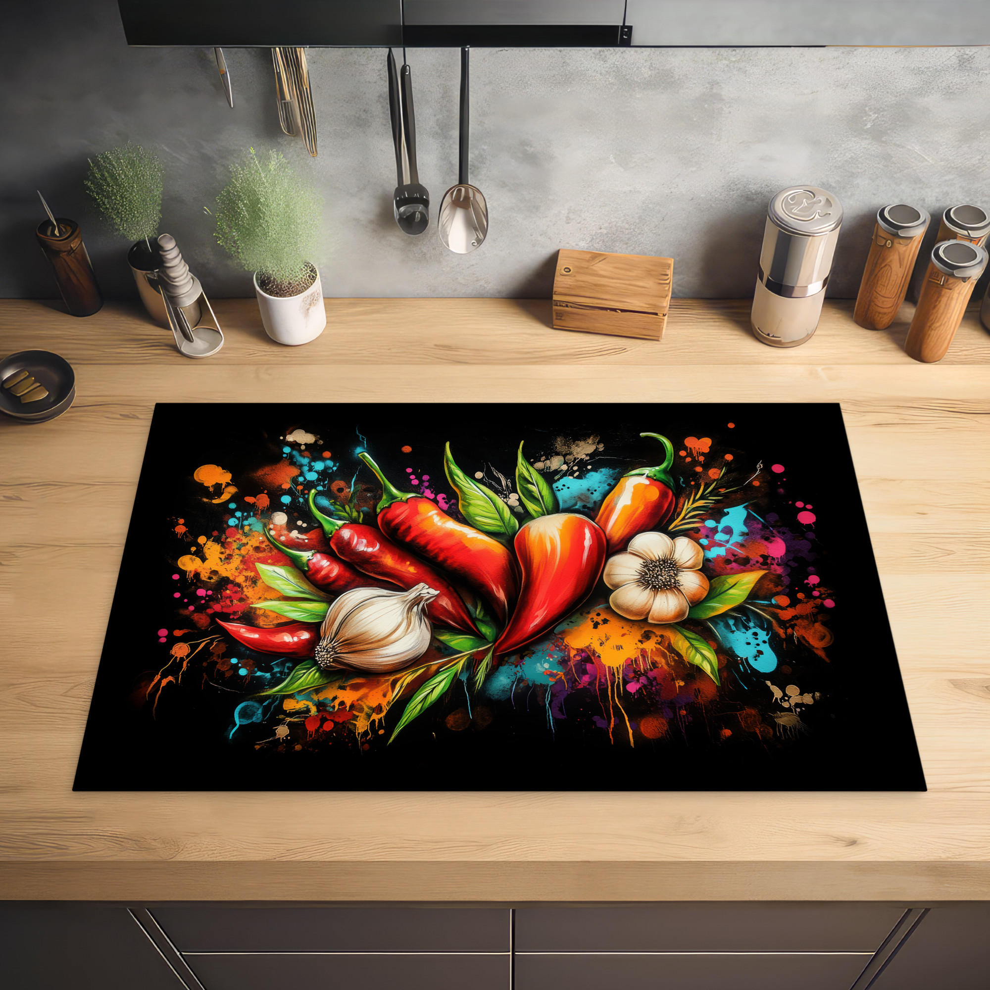 HERDABDECKPLATTE Gemüse - Paprika - Knoblauch - Graffiti - Farbe - Bunt 81x52 cm - Rot, Kunststoff (81/0.2/52cm) - MuchoWow