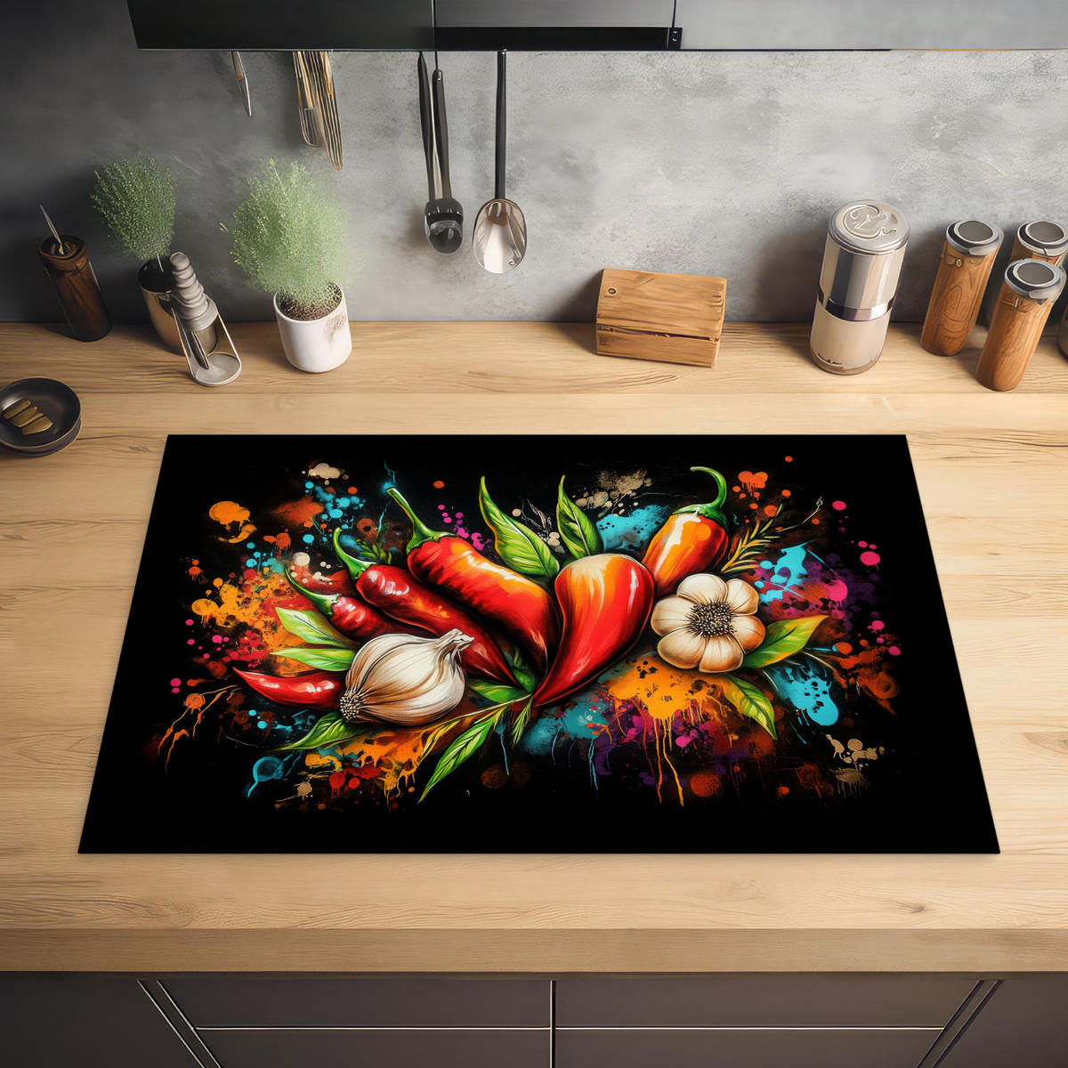 HERDABDECKPLATTE Gemüse - Paprika - Knoblauch - Graffiti - Farbe - Bunt 81x52 cm - Rot, Kunststoff (81/0.2/52cm) - MuchoWow