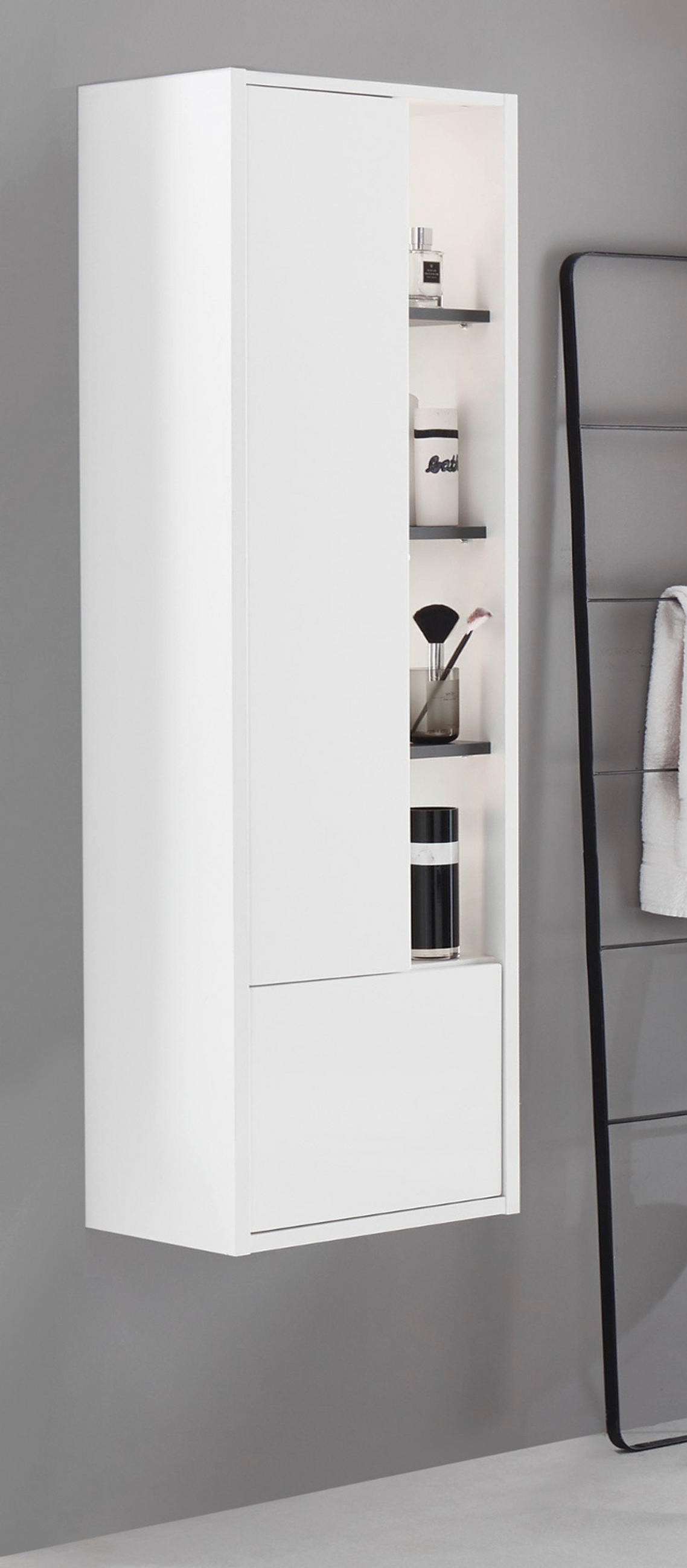 BADSCHRANK weiß Hochglanz, grau, Badezimmer Hochschrank inklusive Beleuchtung - Weiß Hochglanz/Grau, Holzwerkstoff (45/150/30cm) - Furn.Design