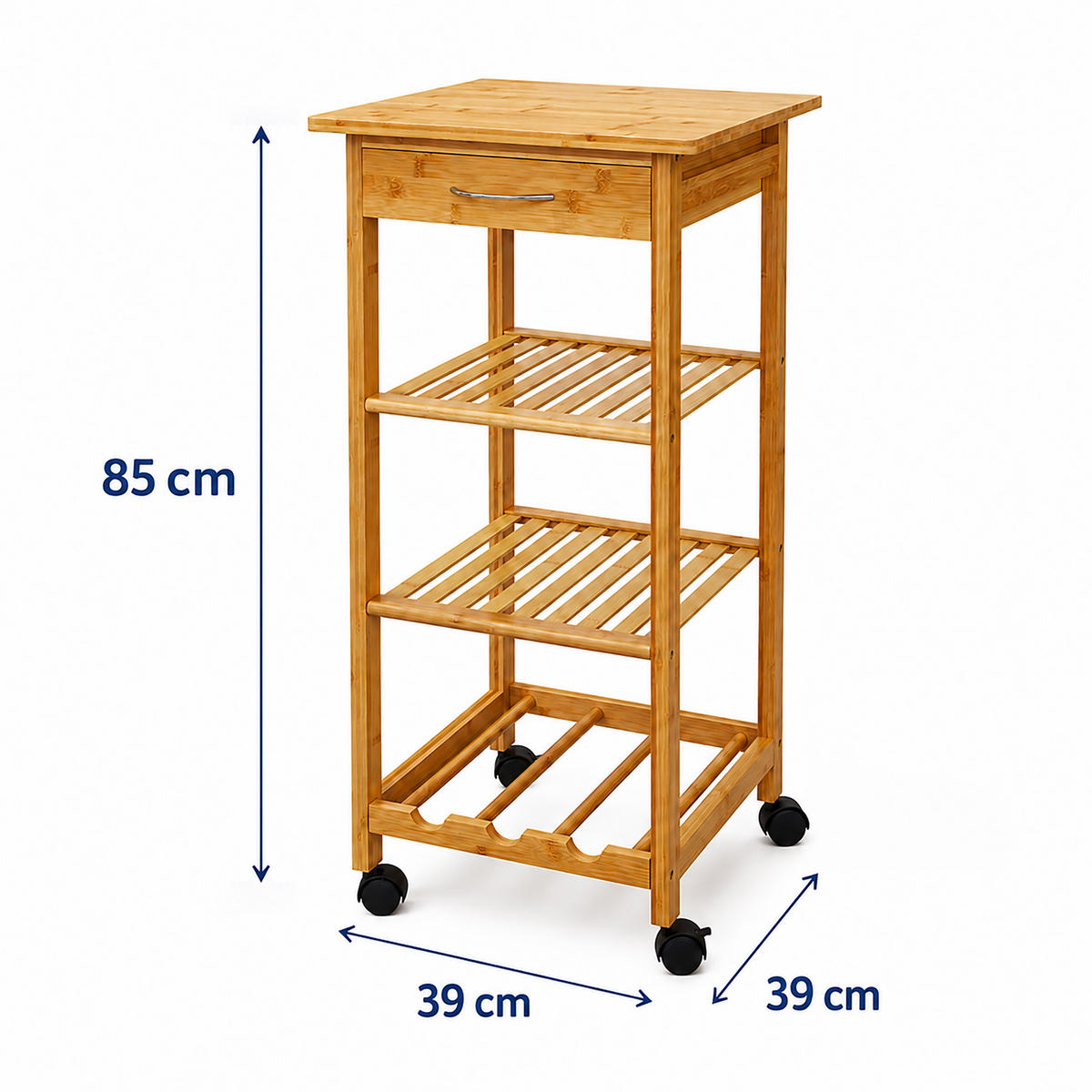 CĂRUCIOR Natural negru bambus 4-rafturi cu roți 80x39x39 cm - bej, material plastic/lemn (39/85/39cm) - Relaxdays