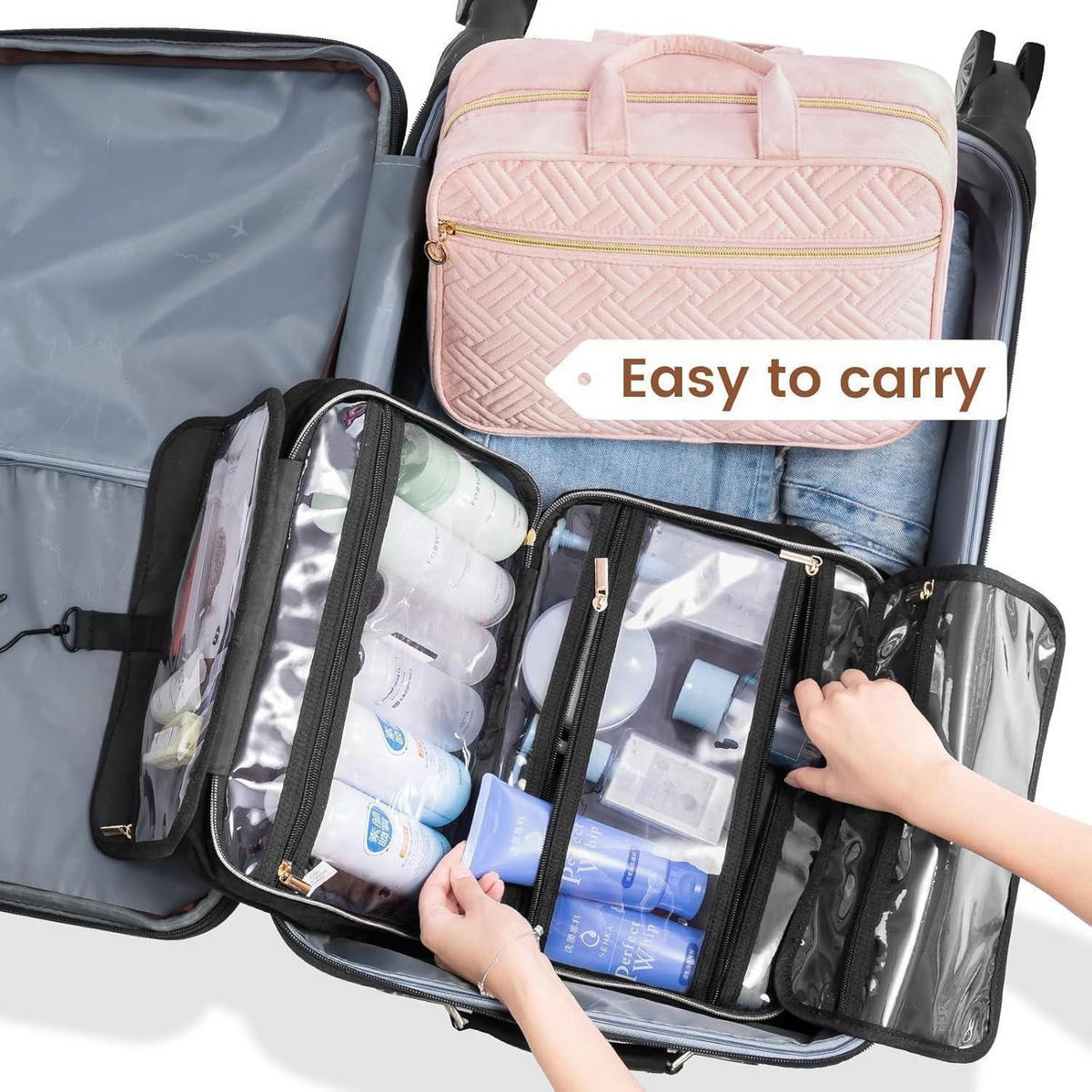KULTURTASCHE Damen faltbar mit 360° drehbarem Haken, rosa - Rosa, Textil (20/11/28cm)