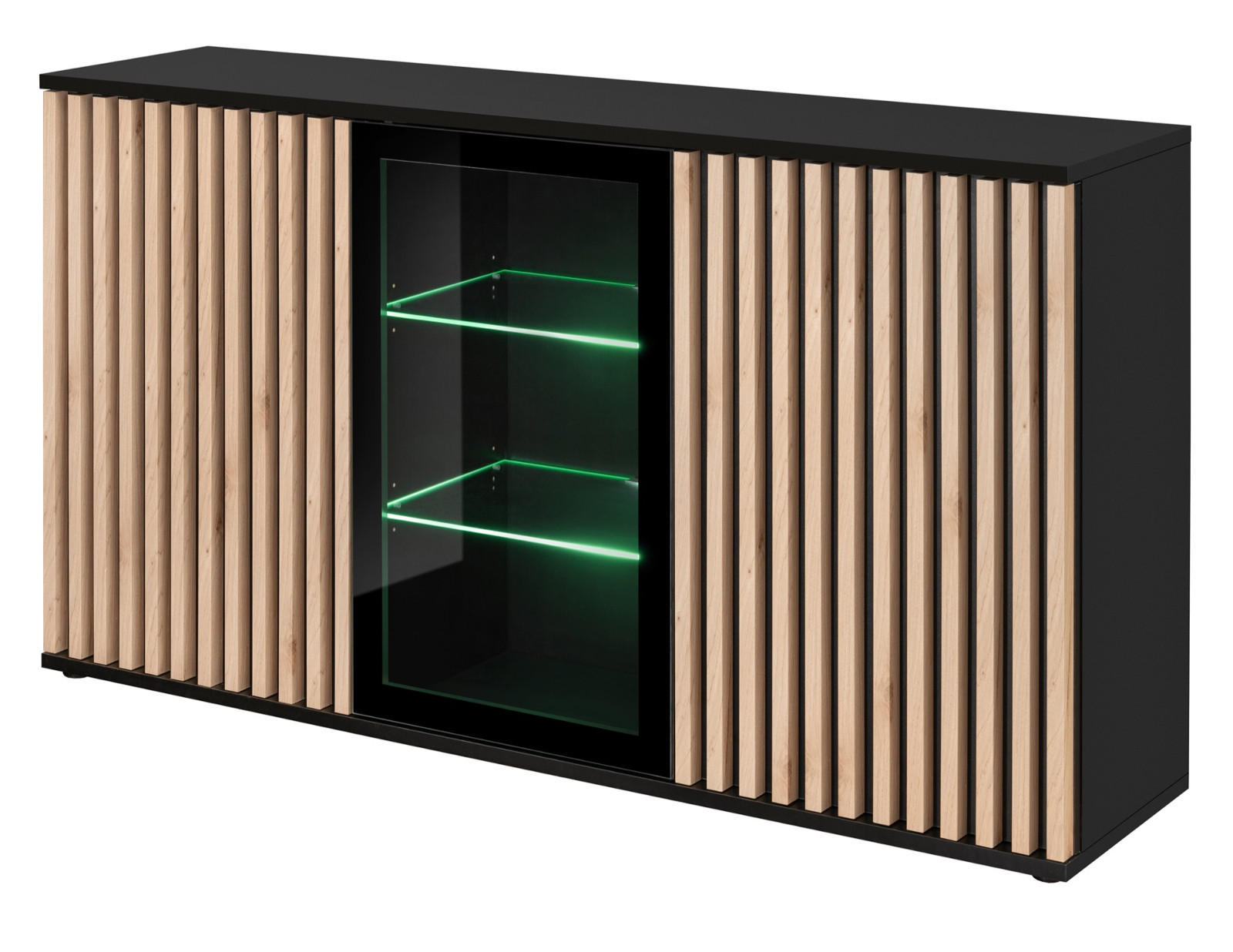 SIDEBOARD schwarz, Eiche Jackson 163 cm, Kommode mit Beleuchtung - Eichefarben/Schwarz, Glas/Holzwerkstoff (160/92/40cm) - Furn.Design