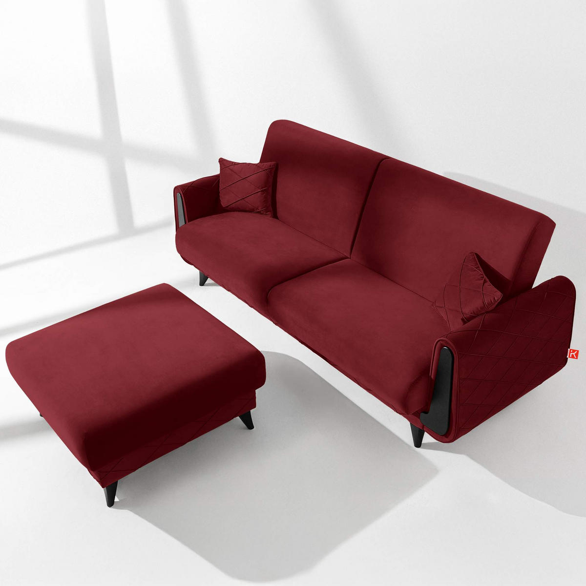 POUF GUSTAVO III Velours, Bordeaux - Bordeaux, Holz/Holzwerkstoff (92/49/92cm) - KONSIMO®
